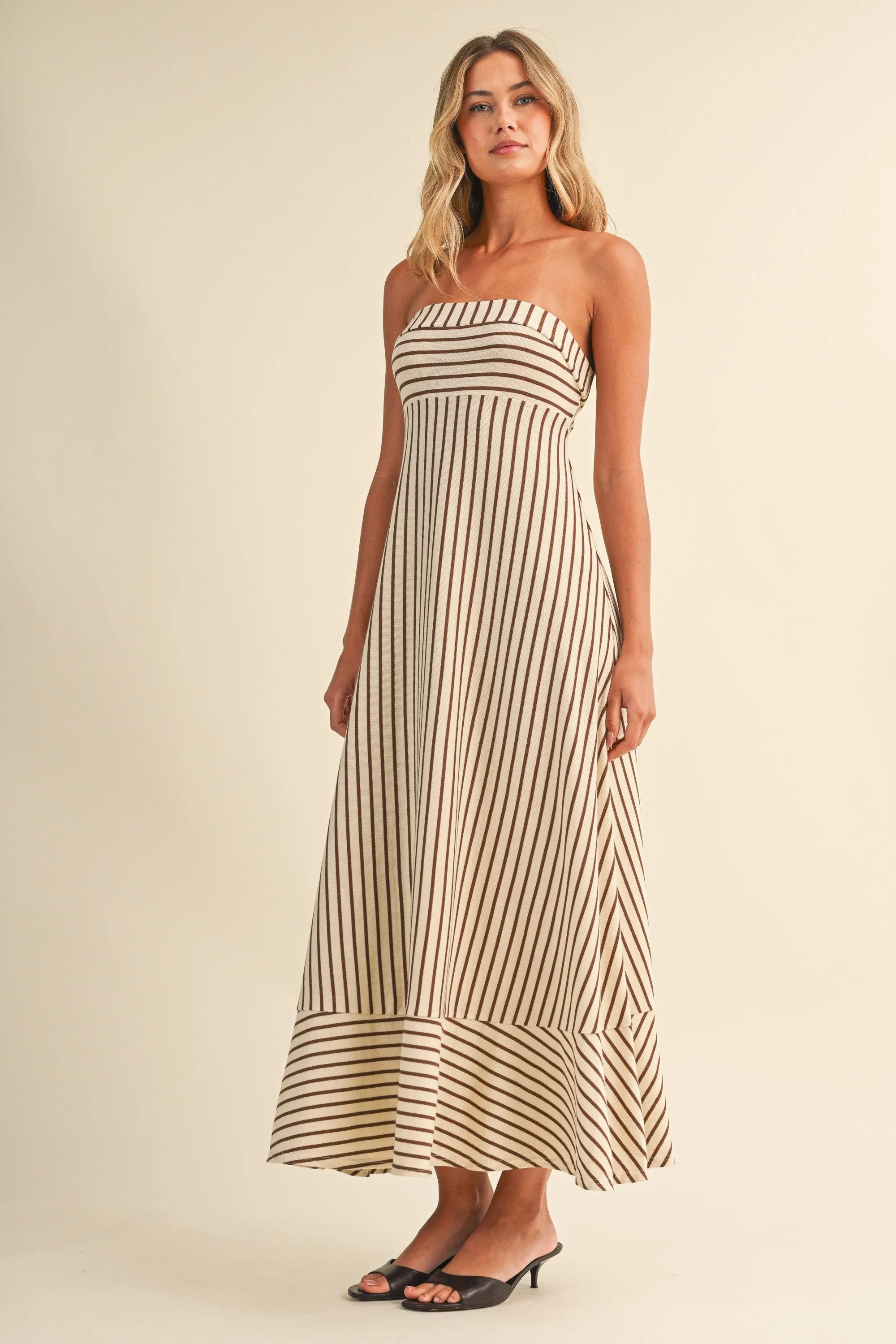 Cream Brown Striped Strapless A-Line Maxi Dress sold by Pinkblush product image thumbnail 3