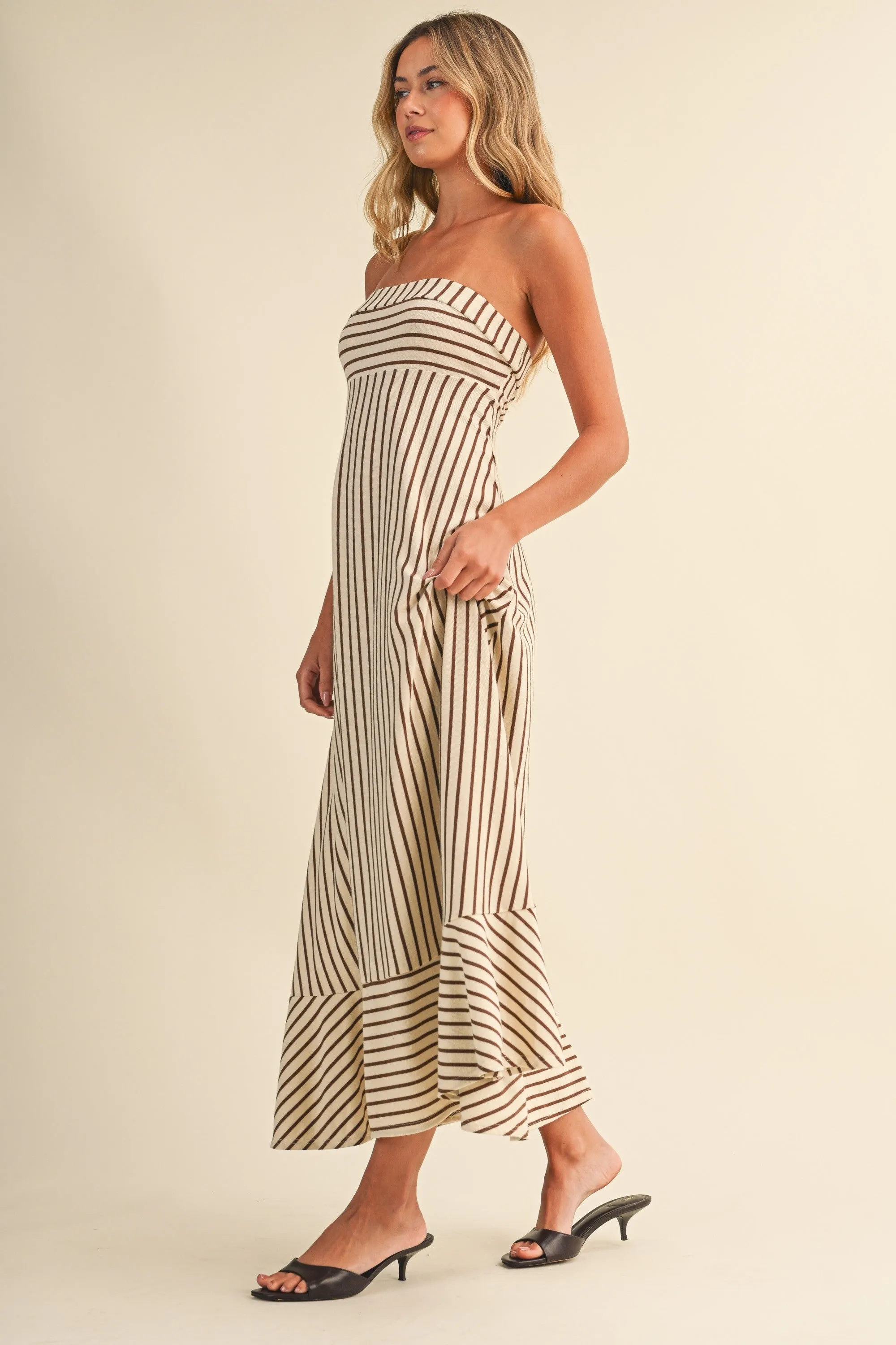 Cream Brown Striped Strapless A-Line Maxi Dress sold by Pinkblush product image thumbnail 4