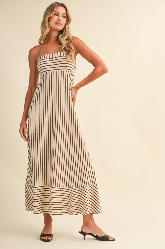 Cream Brown Striped Strapless A-Line Maxi Dress made by Klesis
