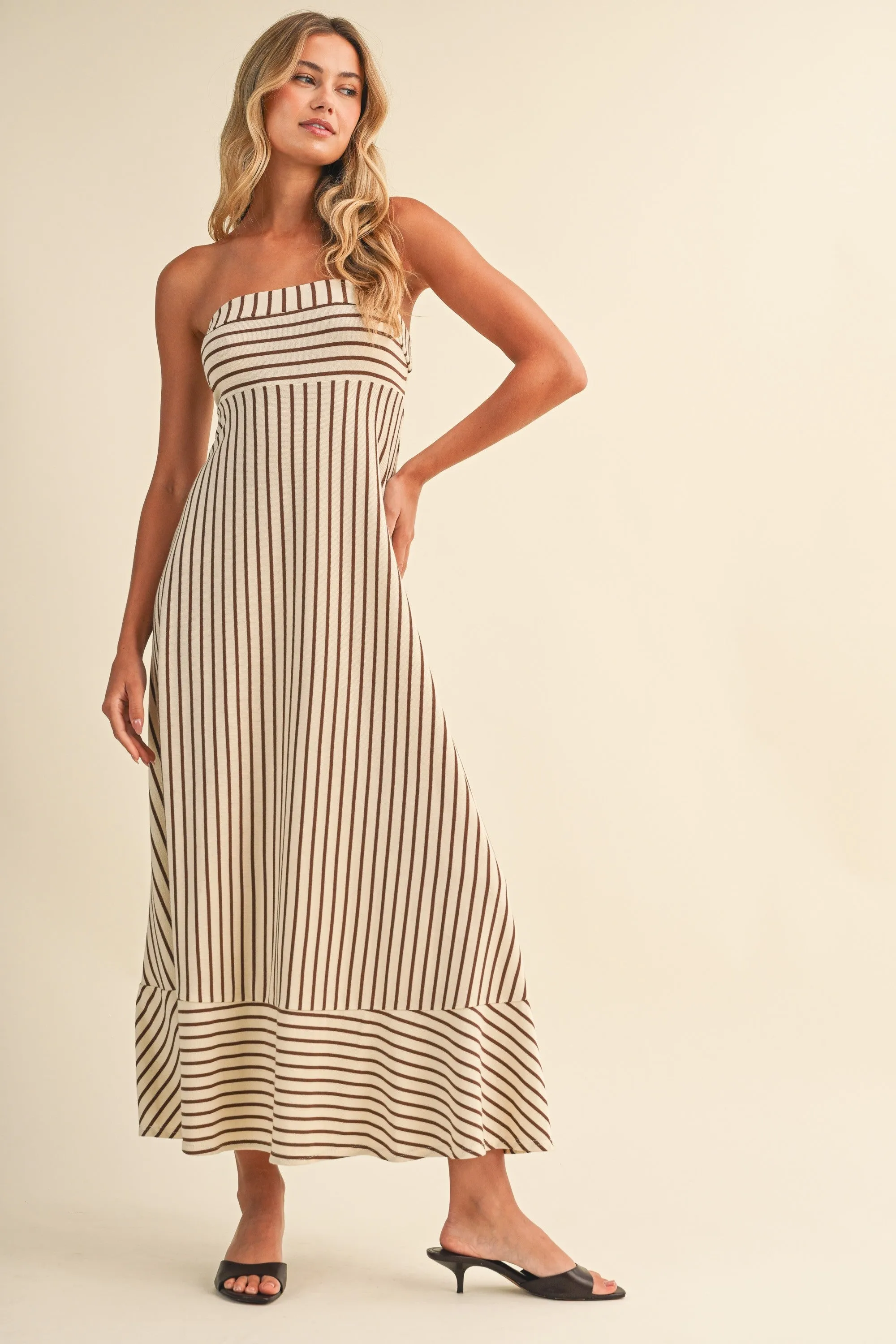 Cream Brown Striped Strapless A-Line Maxi Dress sold by Pinkblush