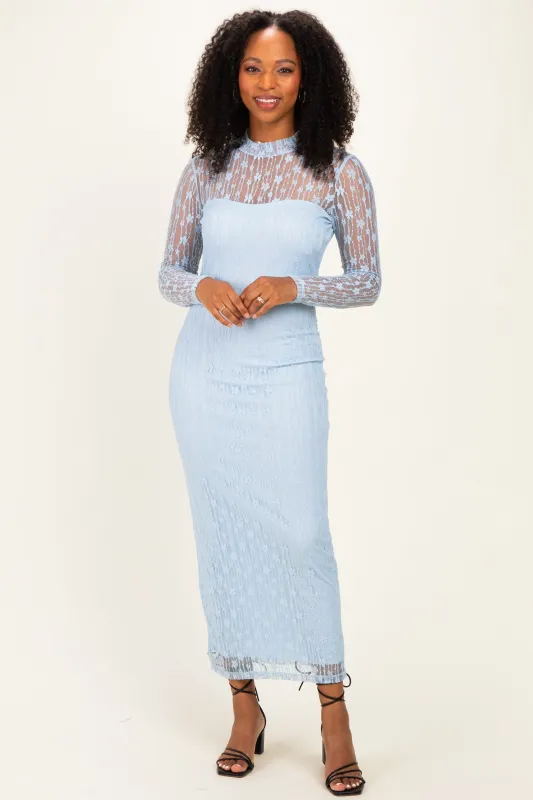 Light Blue Lace Mock Neck Long Sleeve Maternity Maxi Dress made by Pinkblush