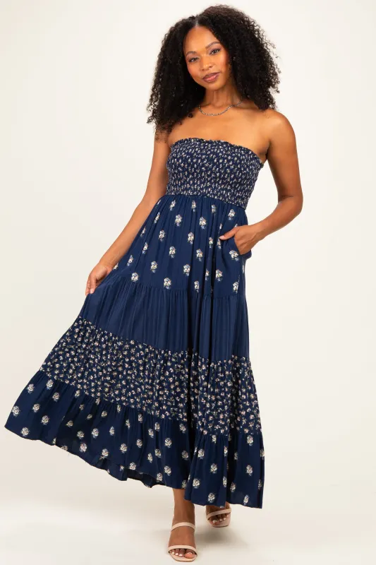 Navy Colorblock Floral Strapless Maxi Dress made by Angie