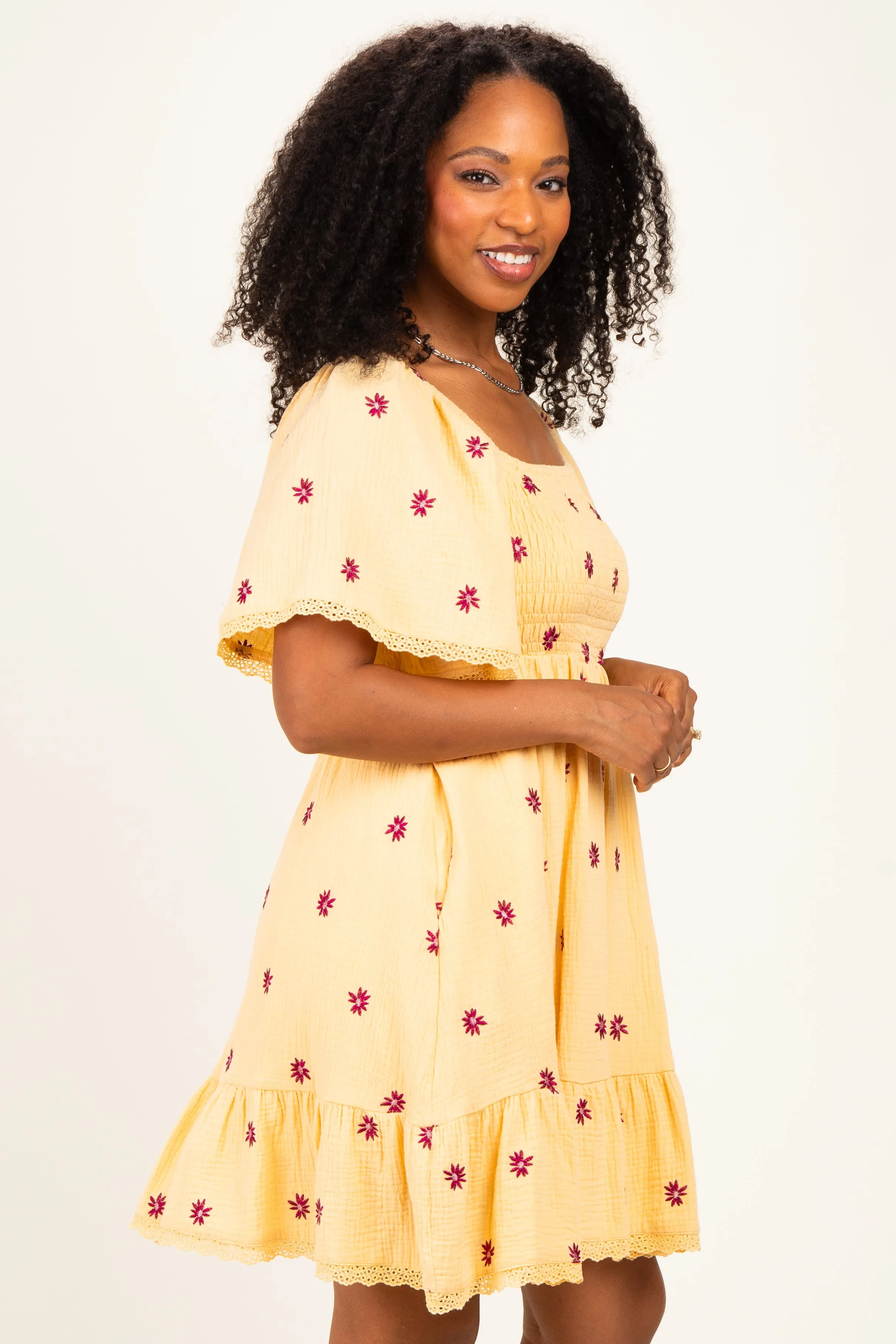 Yellow Floral Embroidered Smocked Dress sold by Pinkblush product image thumbnail 3