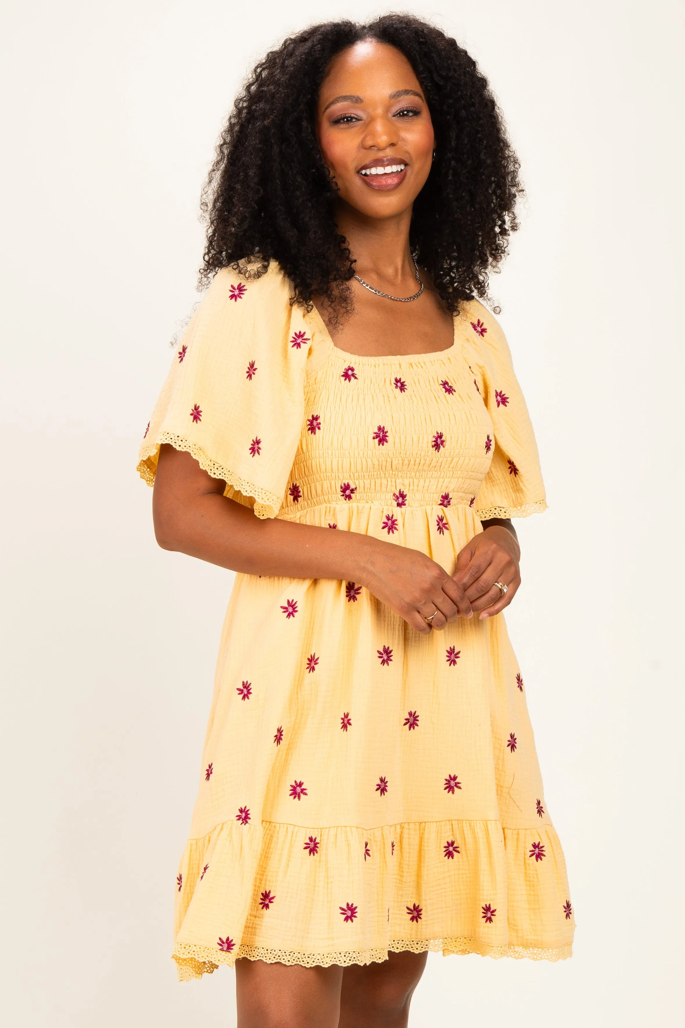 Yellow Floral Embroidered Smocked Dress sold by Pinkblush product image thumbnail 2