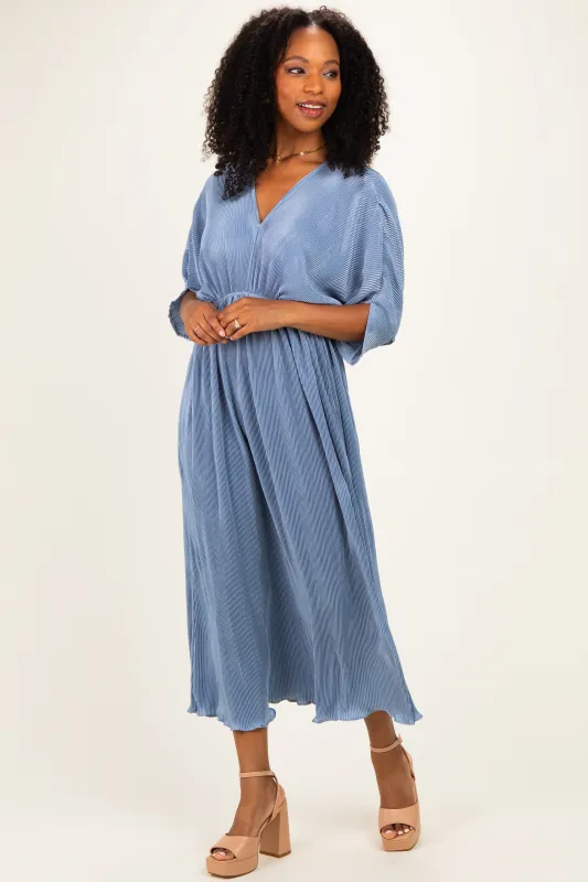 Deep Blue Pleated Satin Dolman Sleeve Maxi Dress made by Pinkblush
