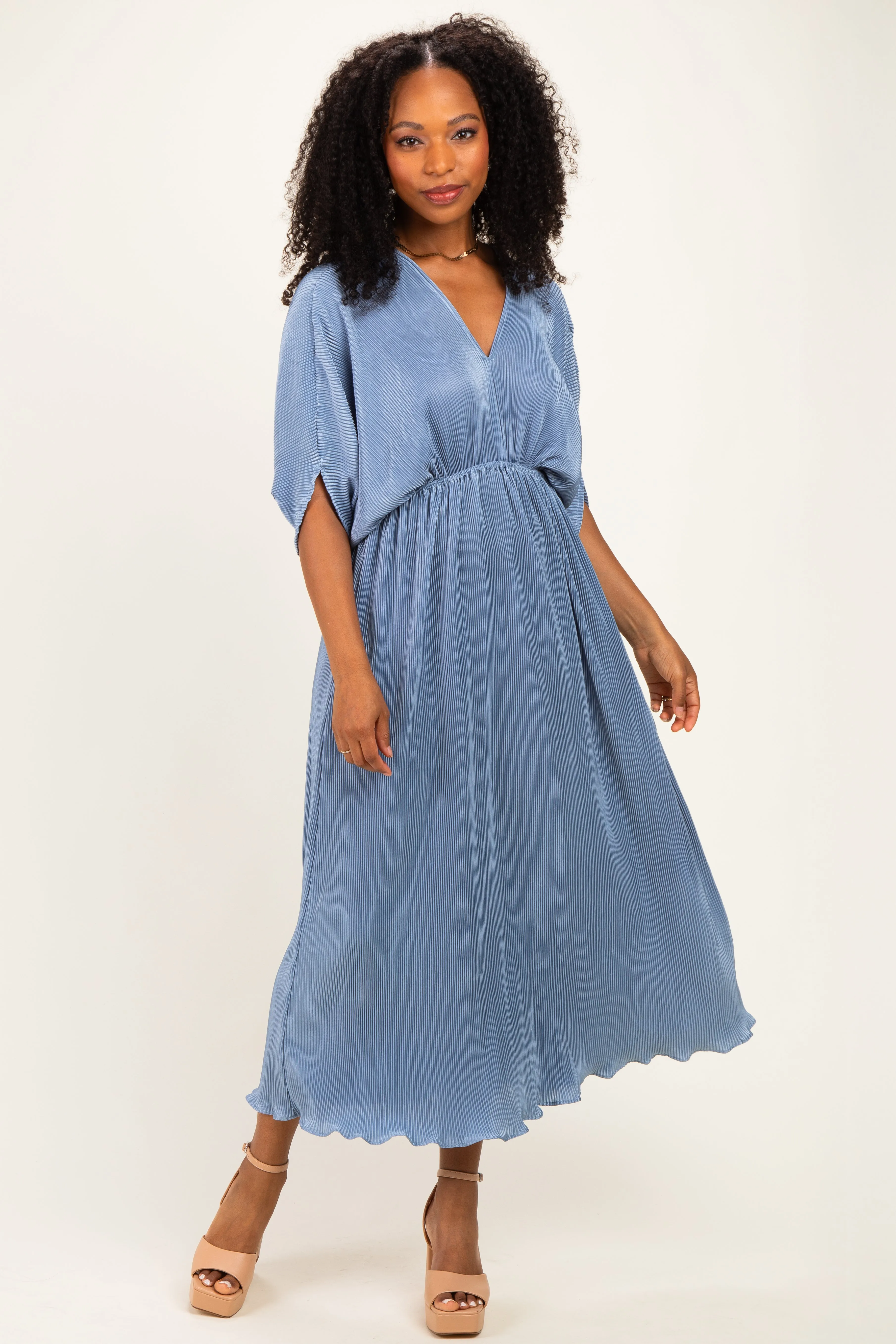 Deep Blue Pleated Satin Dolman Sleeve Maxi Dress sold by Pinkblush product image thumbnail 2