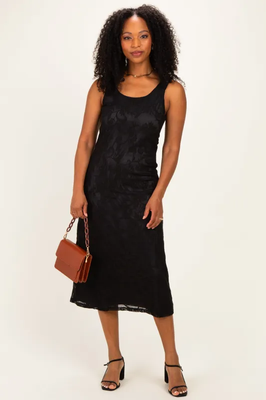 Black Floral Jacquard Mesh Midi Dress made by Pinkblush