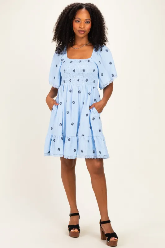 Blue Floral Embroidered Smocked Dress made by Jnna