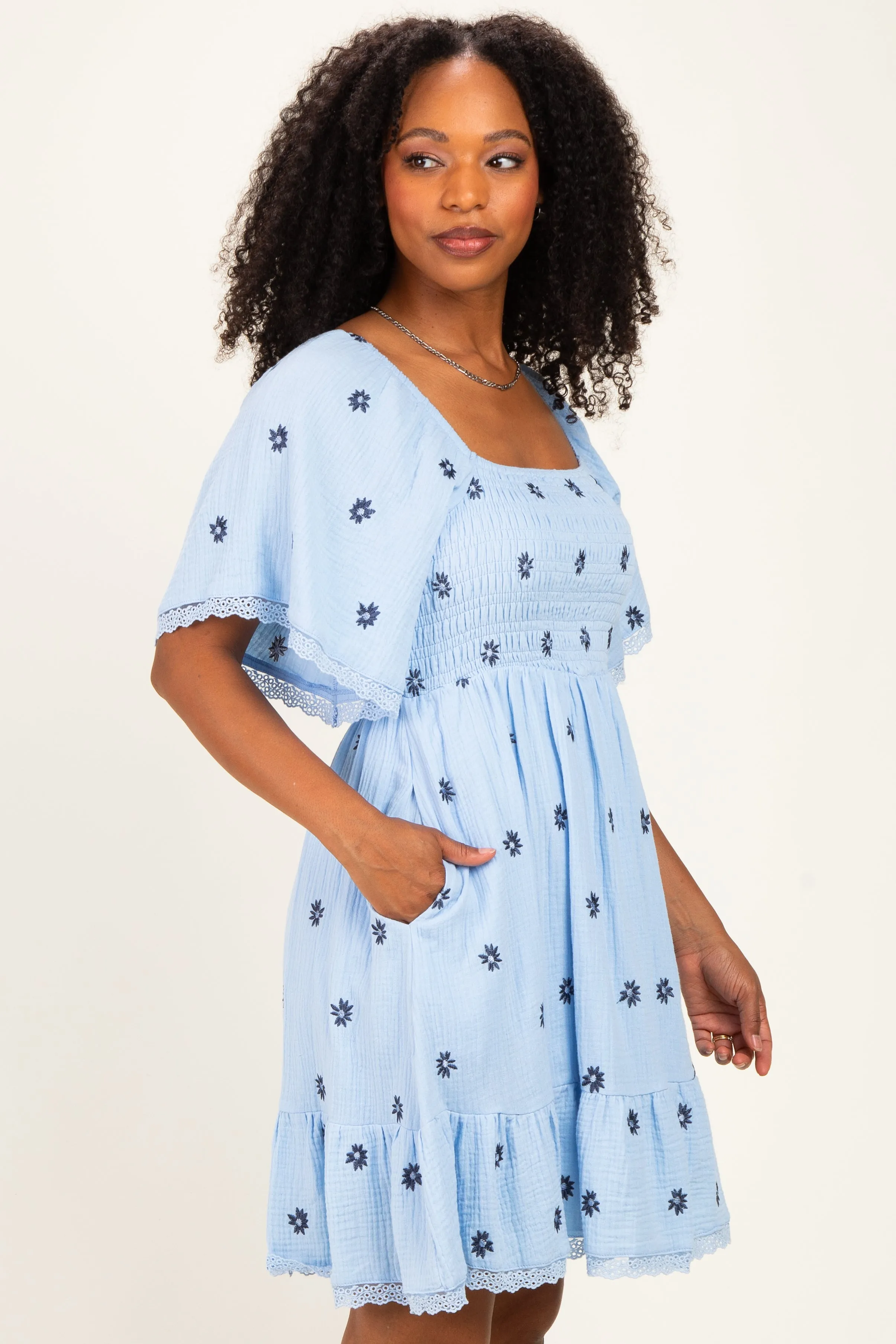 Blue Floral Embroidered Smocked Dress sold by Pinkblush product image thumbnail 3