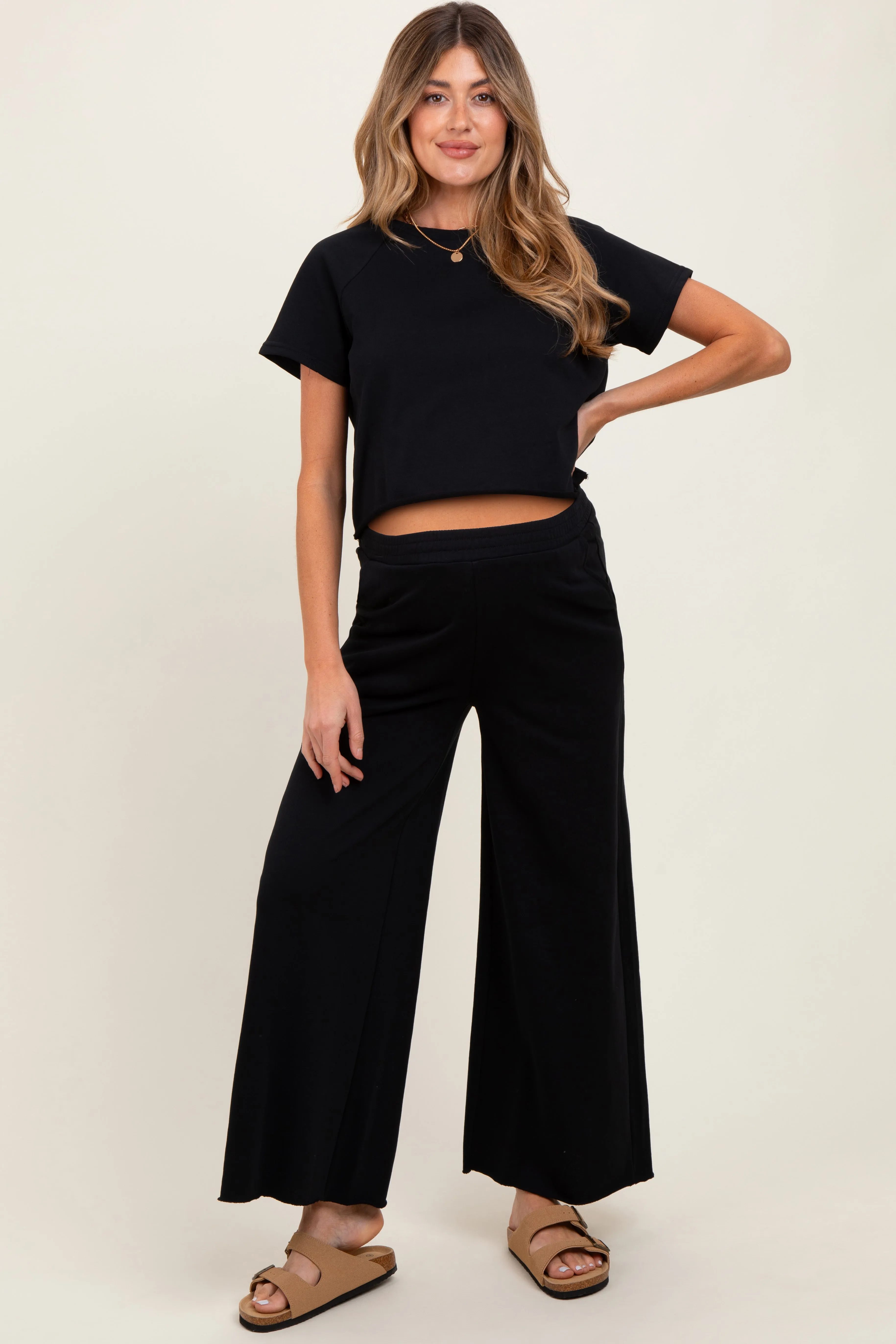 Black 2-Piece Matching Crop Top And Pant Set sold by Pinkblush