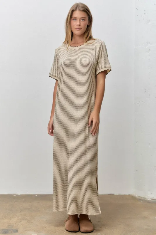Cream Striped Knit Scallop Accent Maxi Dress made by Polagram