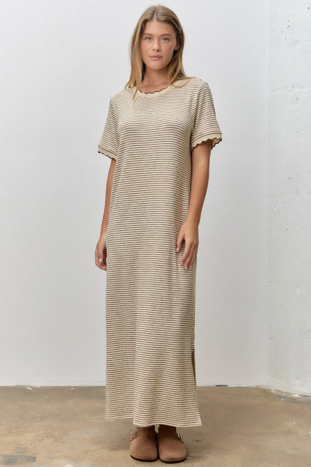 Cream Striped Knit Scallop Accent Maxi Dress sold by Pinkblush