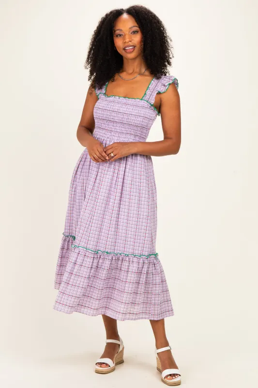 Lavender Plaid Smocked Ruffle Accent Midi Dress made by Pinkblush