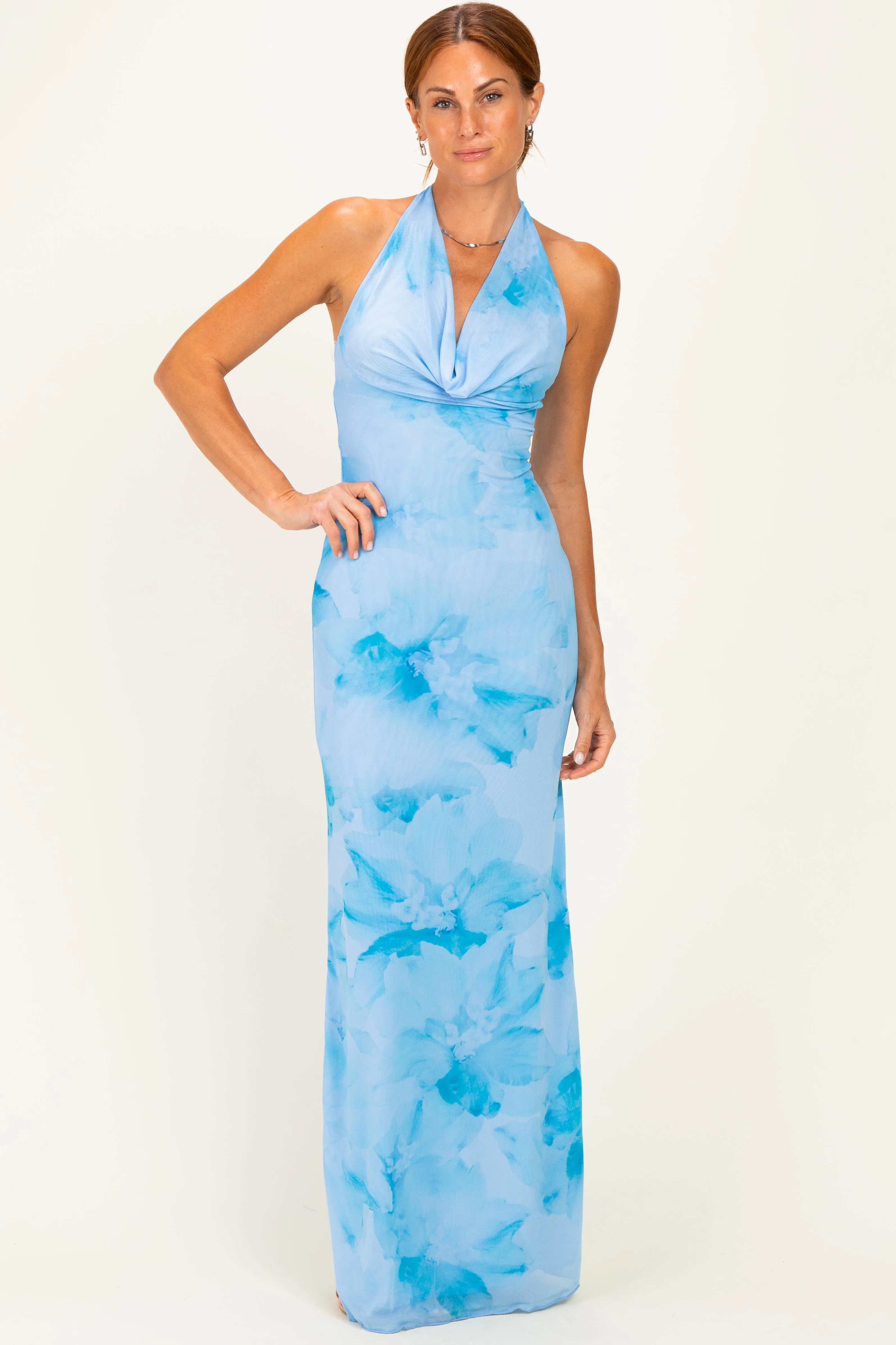 Light Blue Floral Cowl Maxi Dress sold by Pinkblush product image thumbnail 4