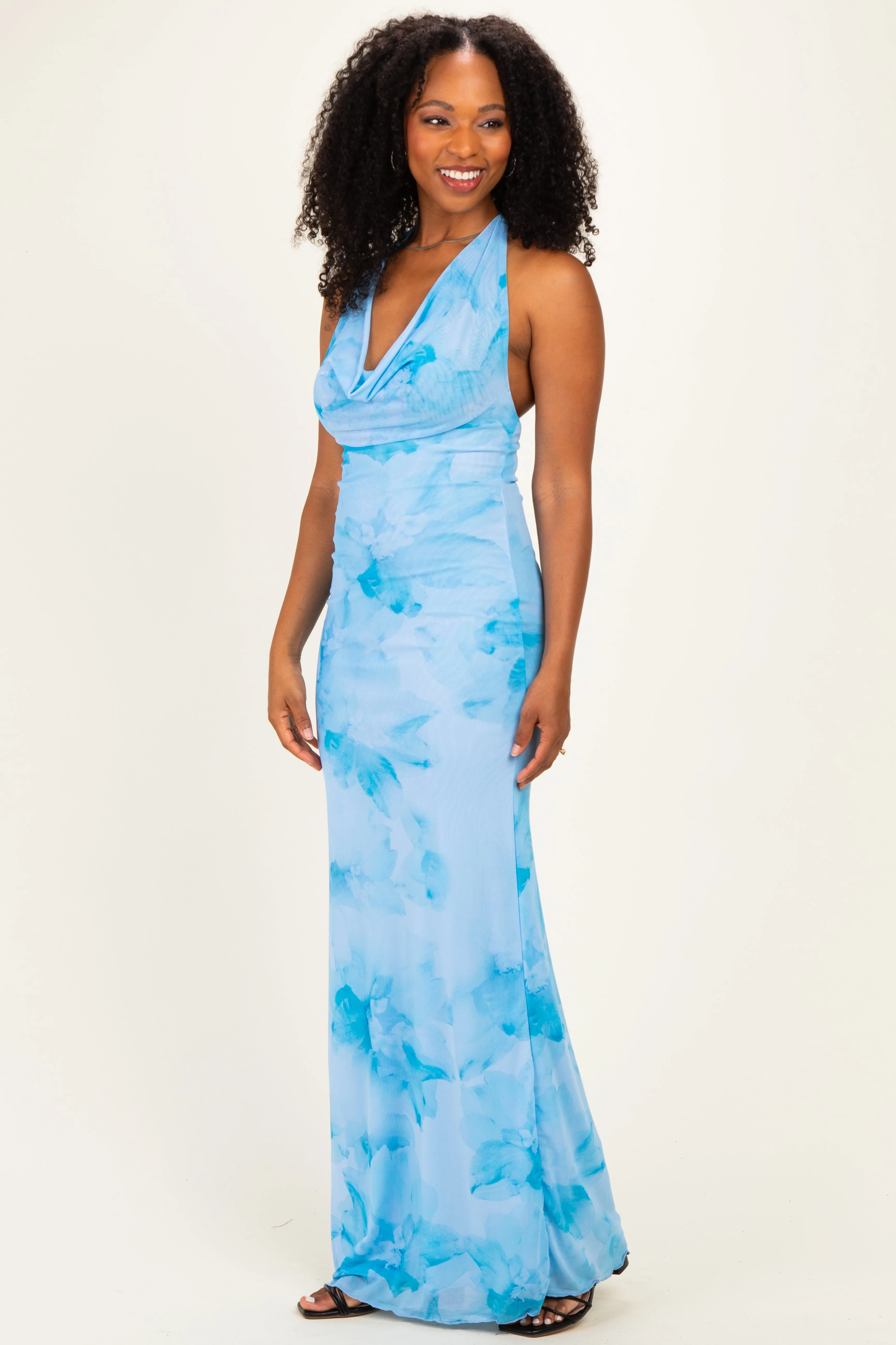 Light Blue Floral Cowl Maxi Dress sold by Pinkblush product image thumbnail 2