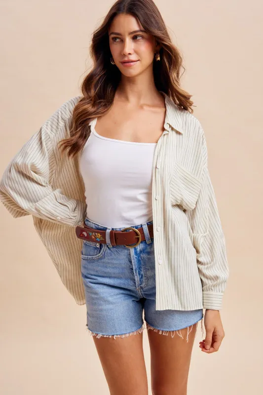 Sage Striped Oversized Sheer Linen Button Down made by AnnieWear
