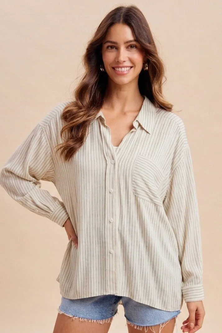 Sage Striped Oversized Sheer Linen Button Down sold by Pinkblush product image thumbnail 2
