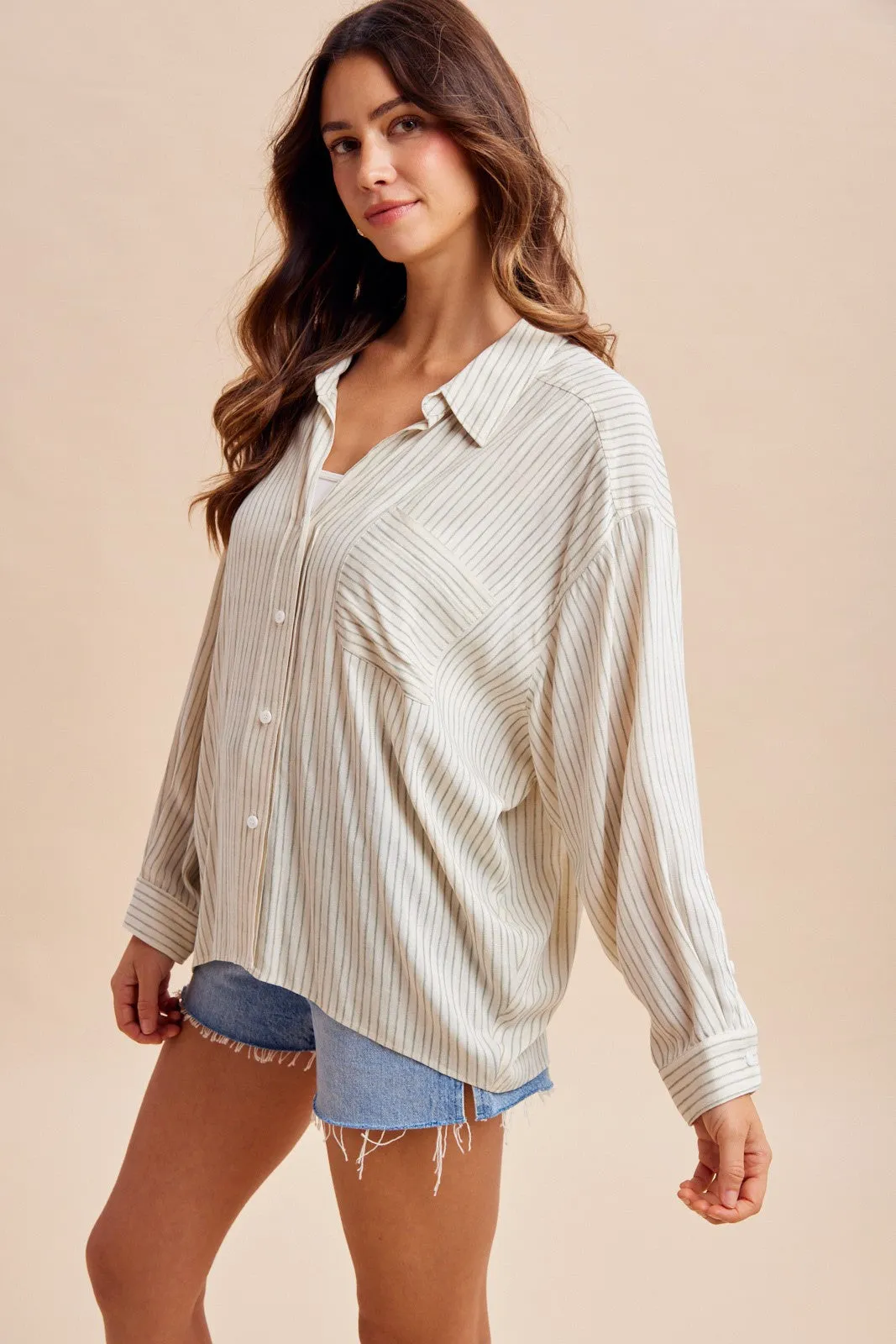 Sage Striped Oversized Sheer Linen Button Down sold by Pinkblush product image thumbnail 3