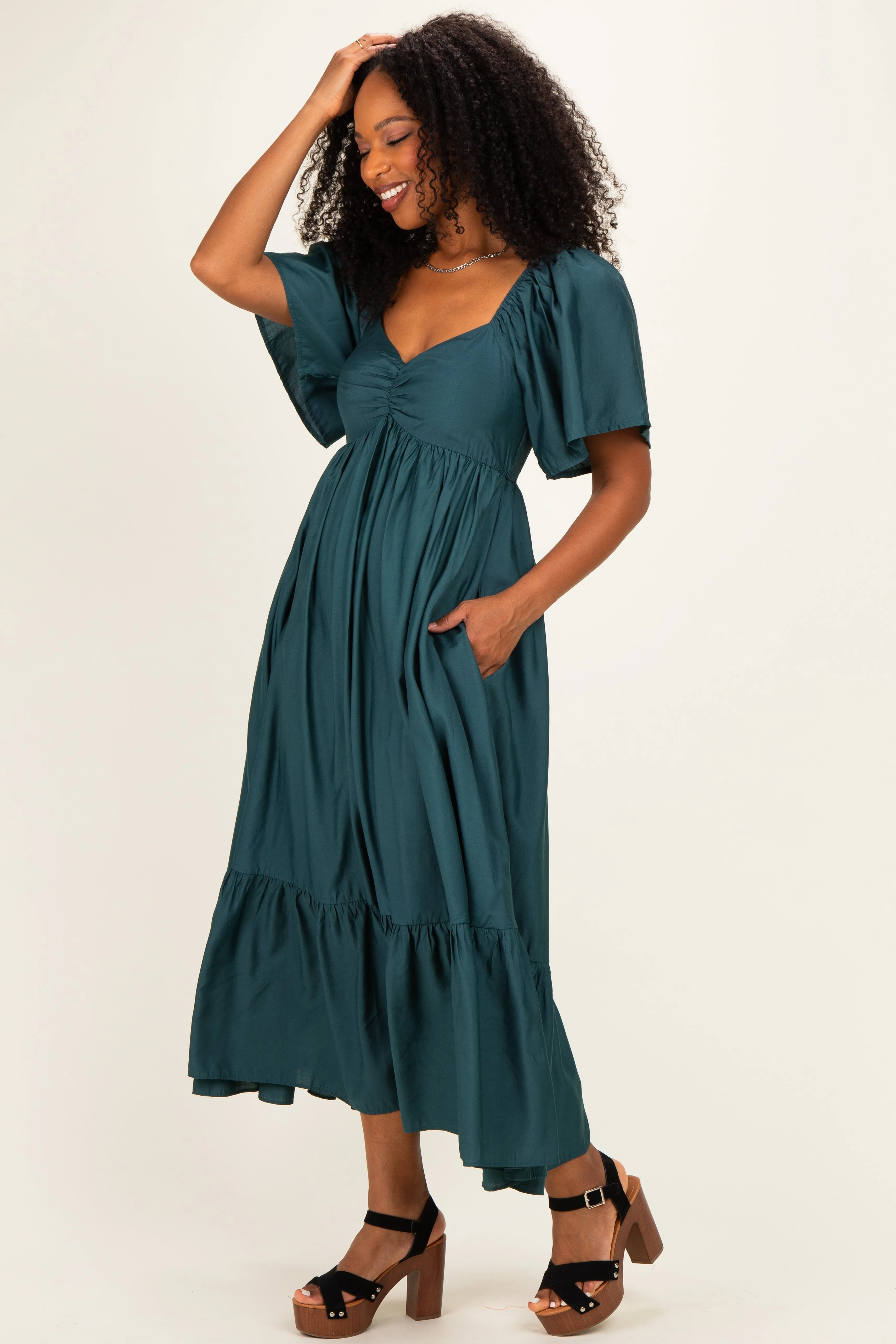 Emerald Flutter Sleeve Ruffle Hem Midi Dress sold by Pinkblush product image thumbnail 2
