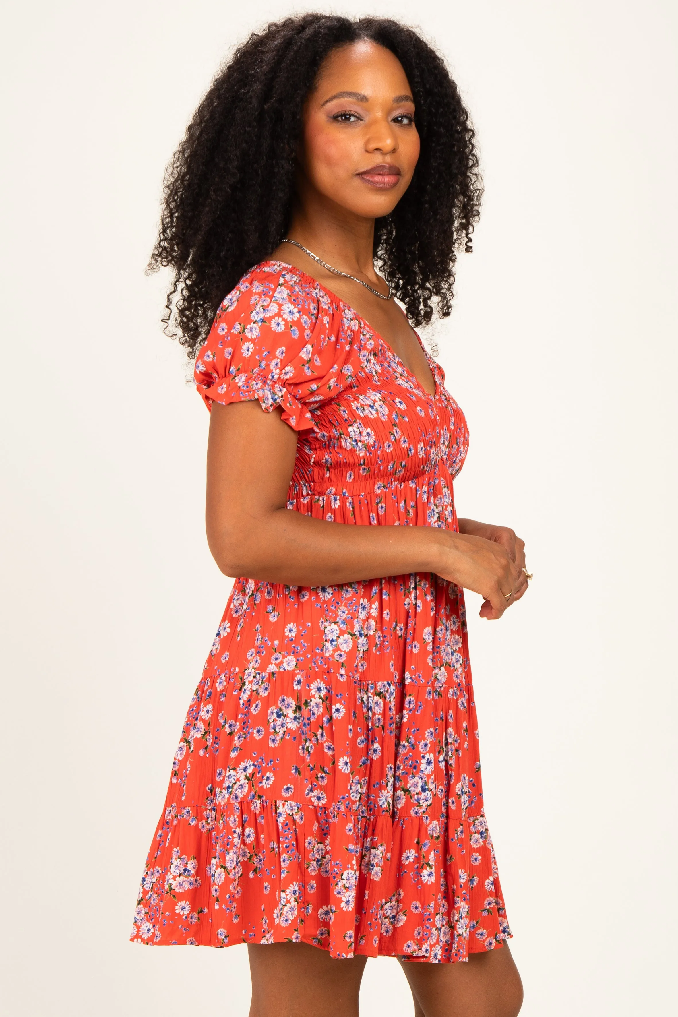 Red Floral Puff Sleeve Smocked Mini Dress sold by Pinkblush product image thumbnail 3