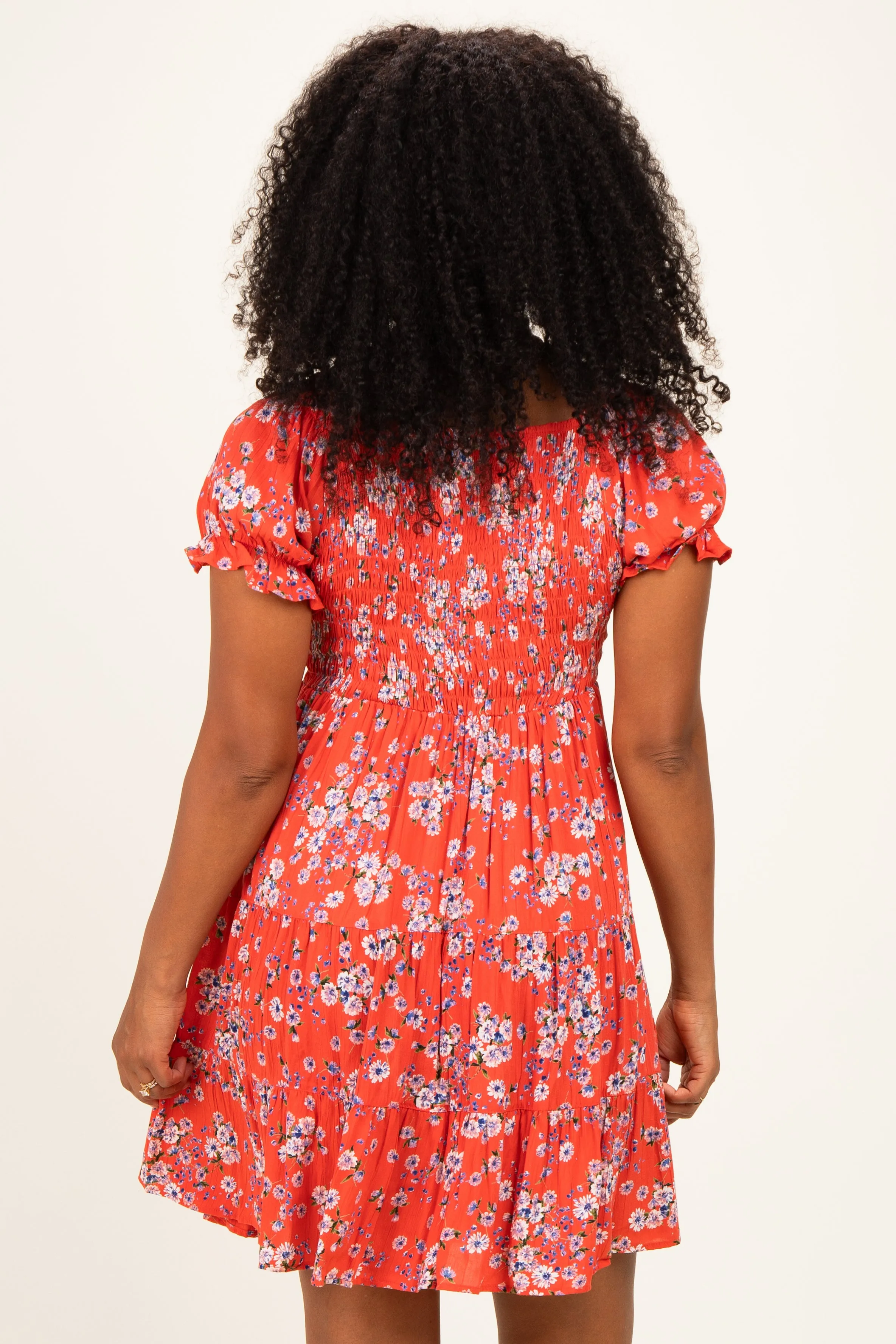 Red Floral Puff Sleeve Smocked Mini Dress sold by Pinkblush product image thumbnail 4