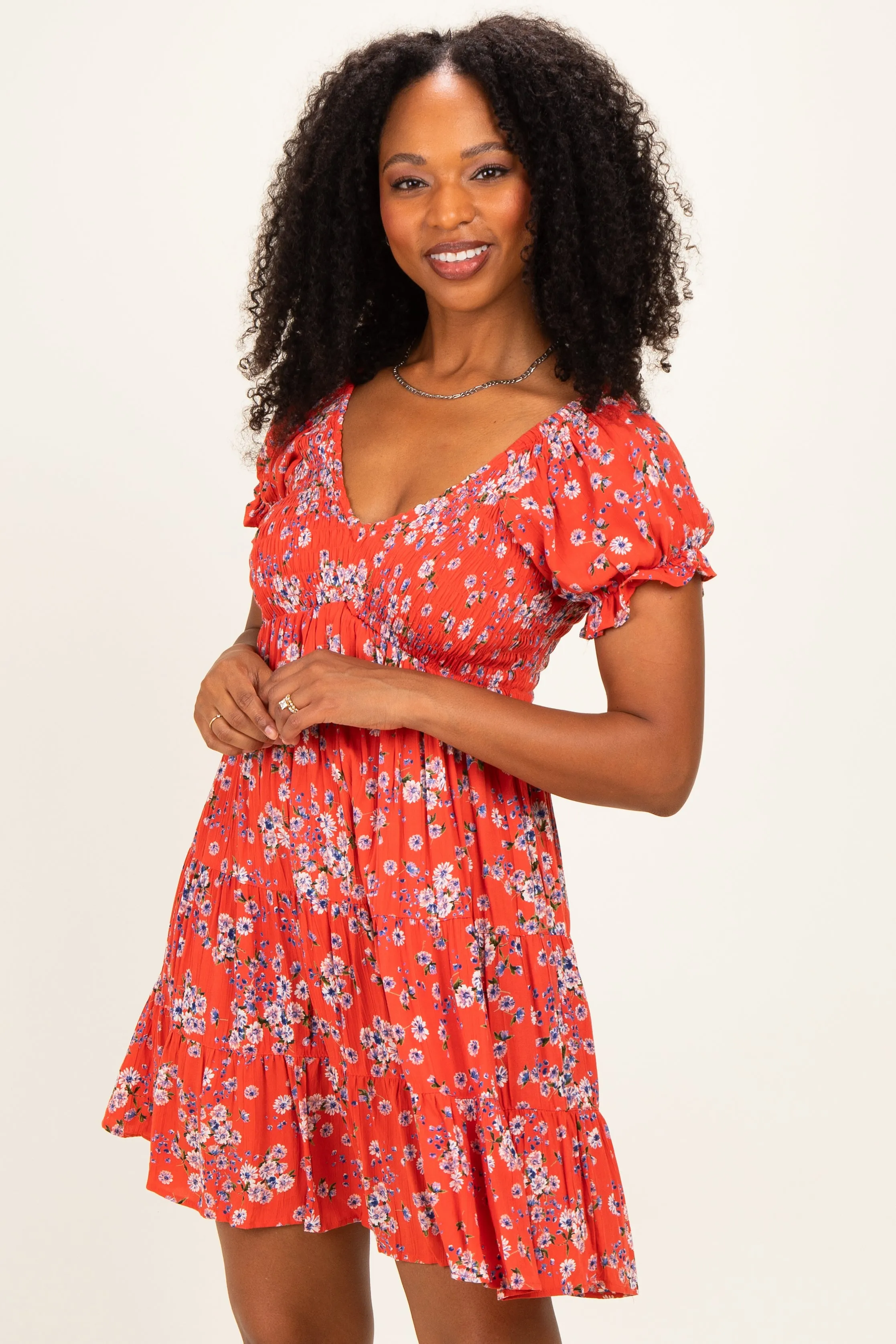 Red Floral Puff Sleeve Smocked Mini Dress sold by Pinkblush product image thumbnail 2