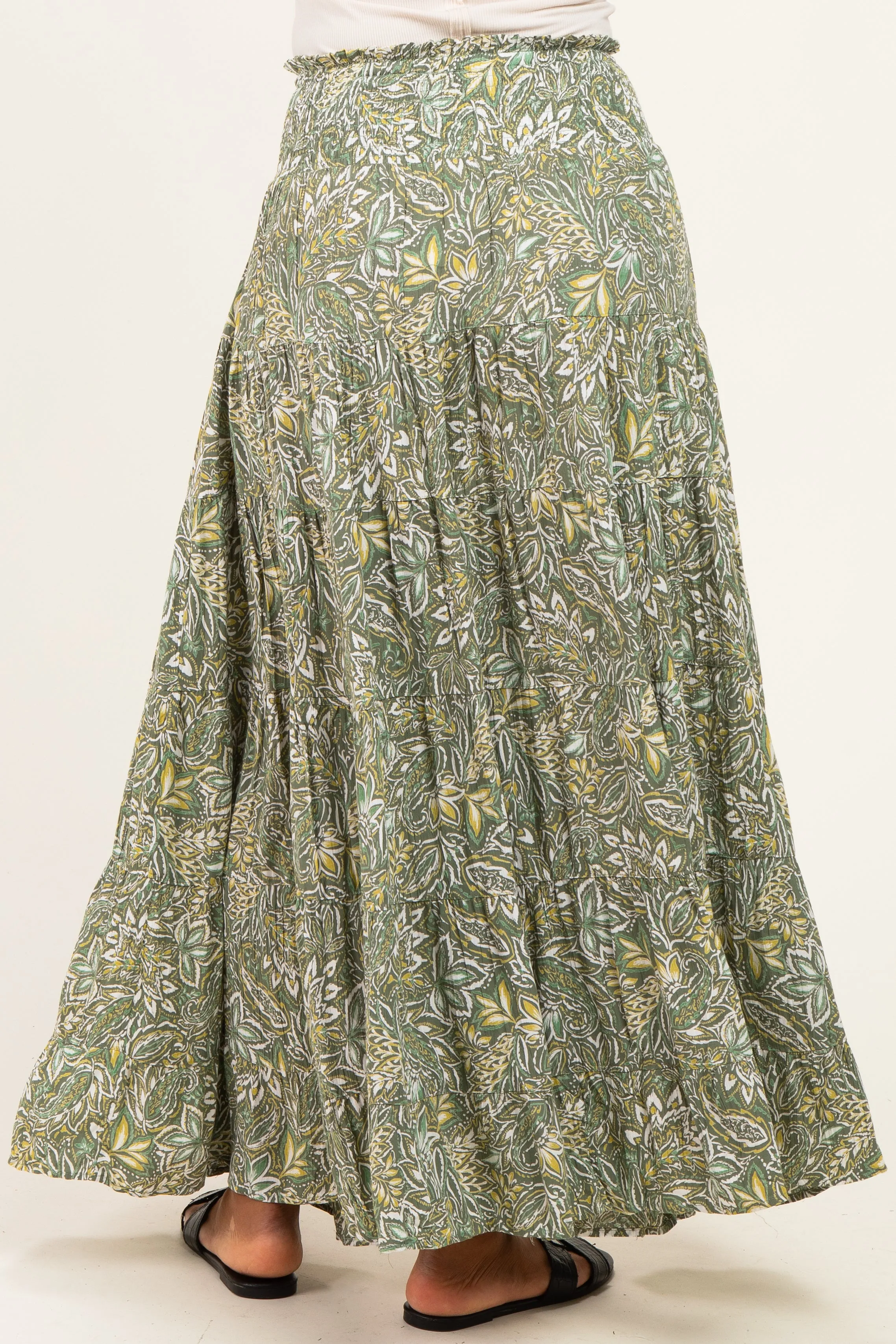 Olive Floral Tiered Smocked Waist Maxi Skirt sold by Pinkblush product image thumbnail 4