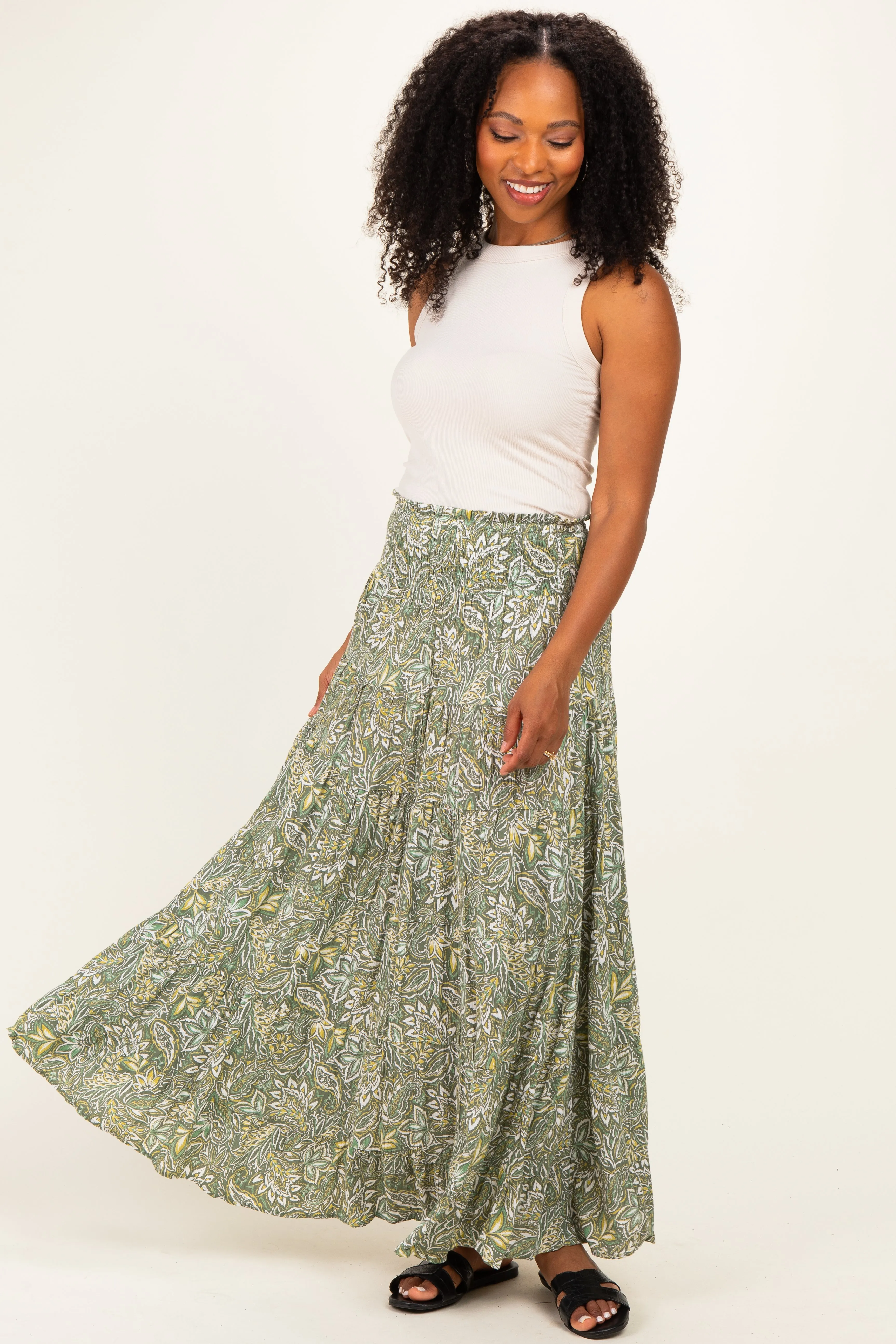 Olive Floral Tiered Smocked Waist Maxi Skirt sold by Pinkblush