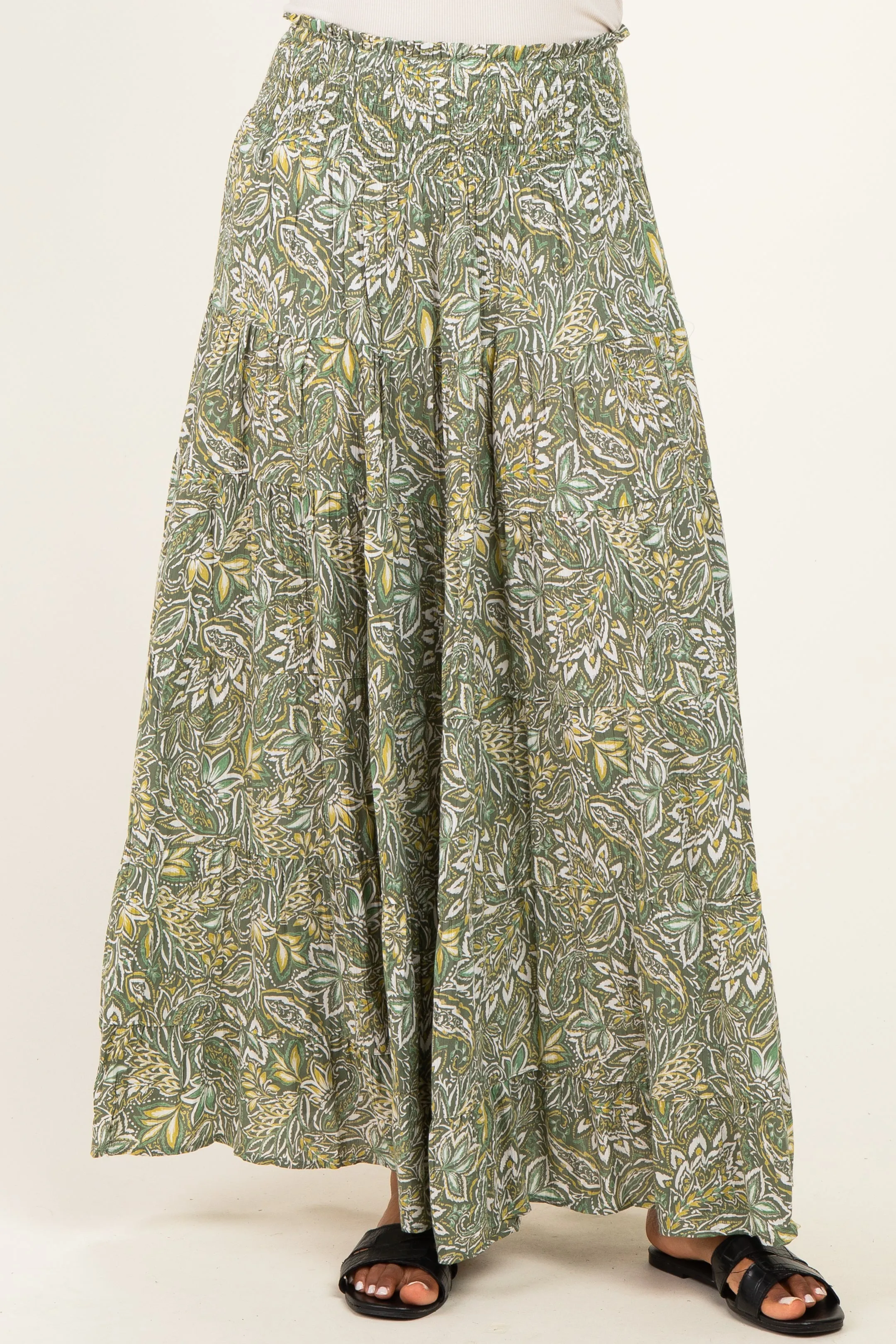 Olive Floral Tiered Smocked Waist Maxi Skirt sold by Pinkblush product image thumbnail 2