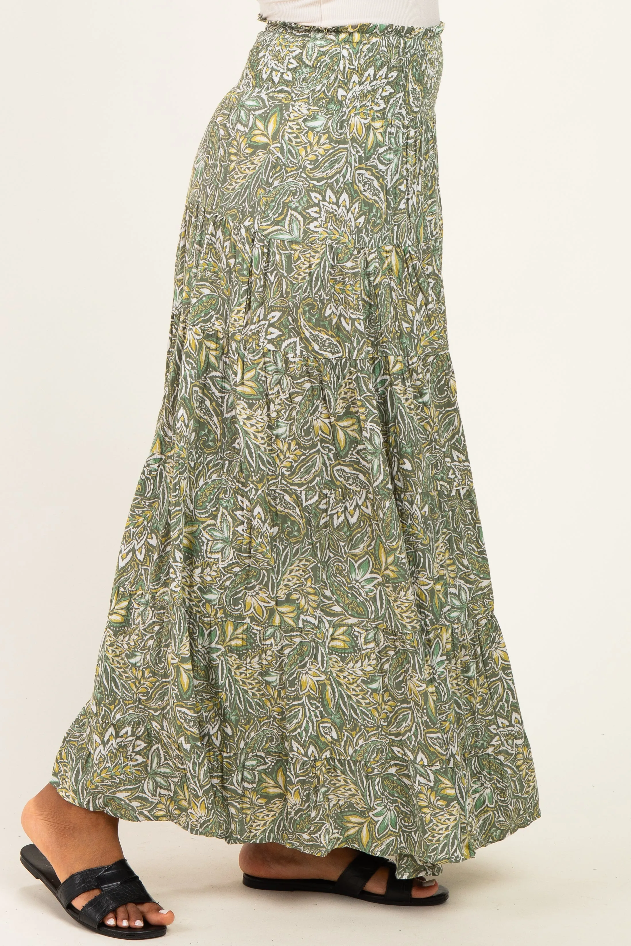 Olive Floral Tiered Smocked Waist Maxi Skirt sold by Pinkblush product image thumbnail 3