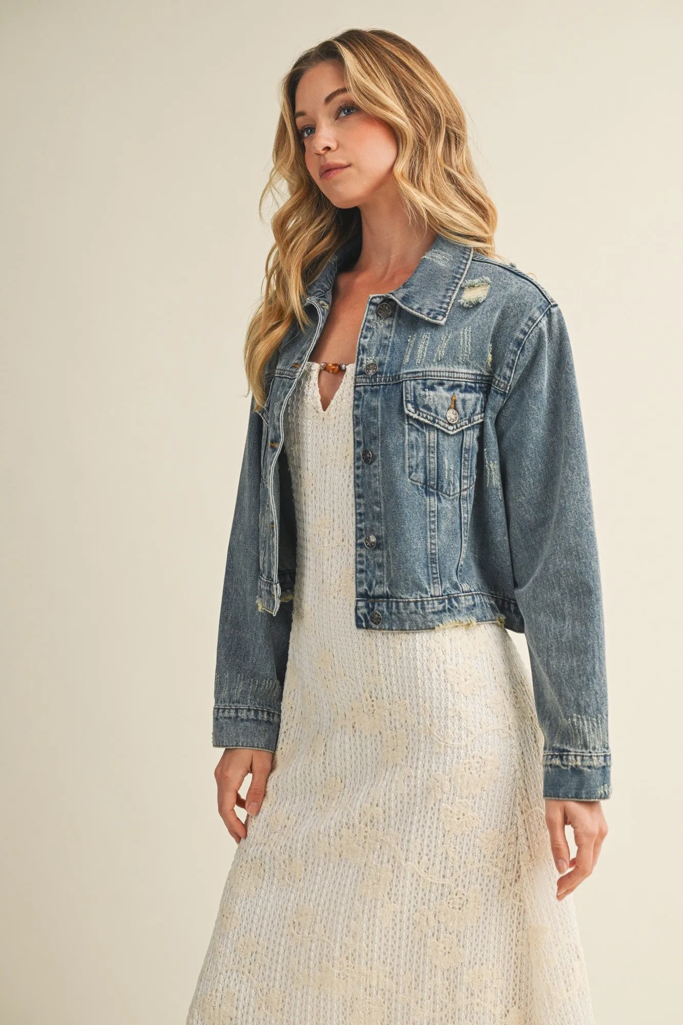 Medium Wash Distressed Denim Jacket sold by Pinkblush product image thumbnail 3