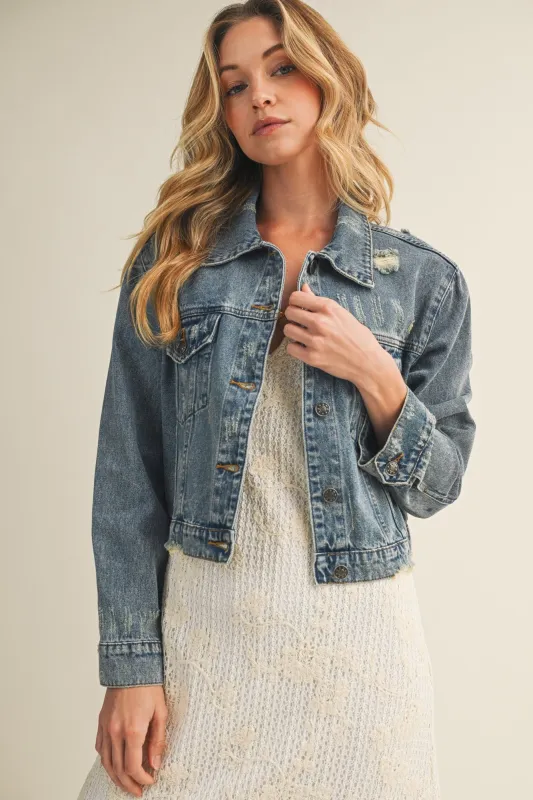 Medium Wash Distressed Denim Jacket made by Mustard Seed