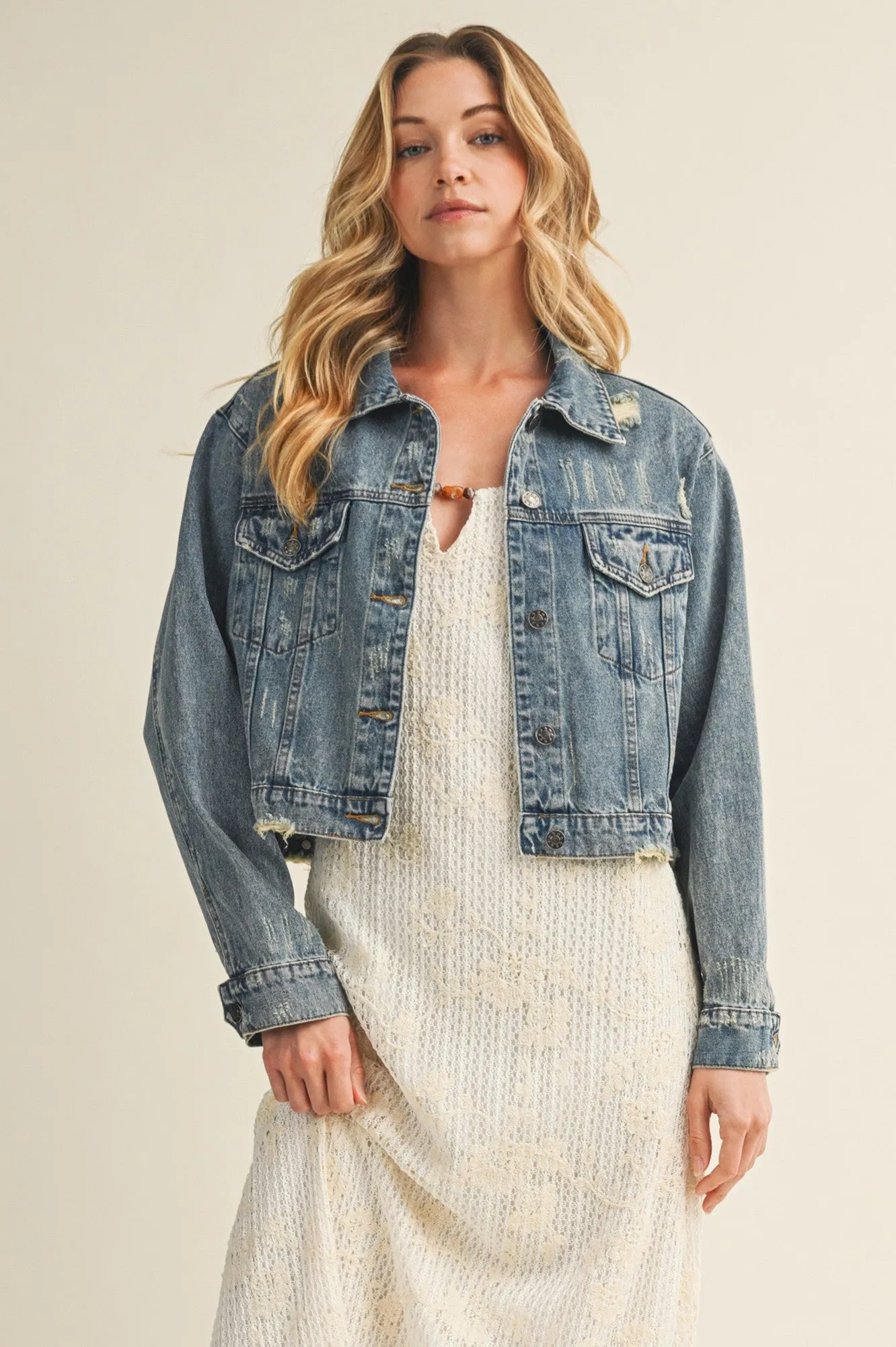 Medium Wash Distressed Denim Jacket sold by Pinkblush product image thumbnail 2
