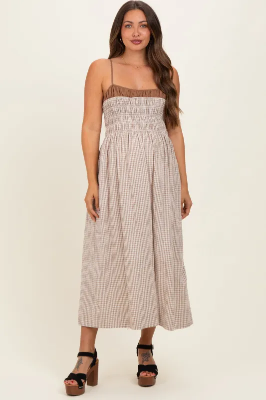 Mocha Gingham Maternity Maxi Dress made by Mustard Seed