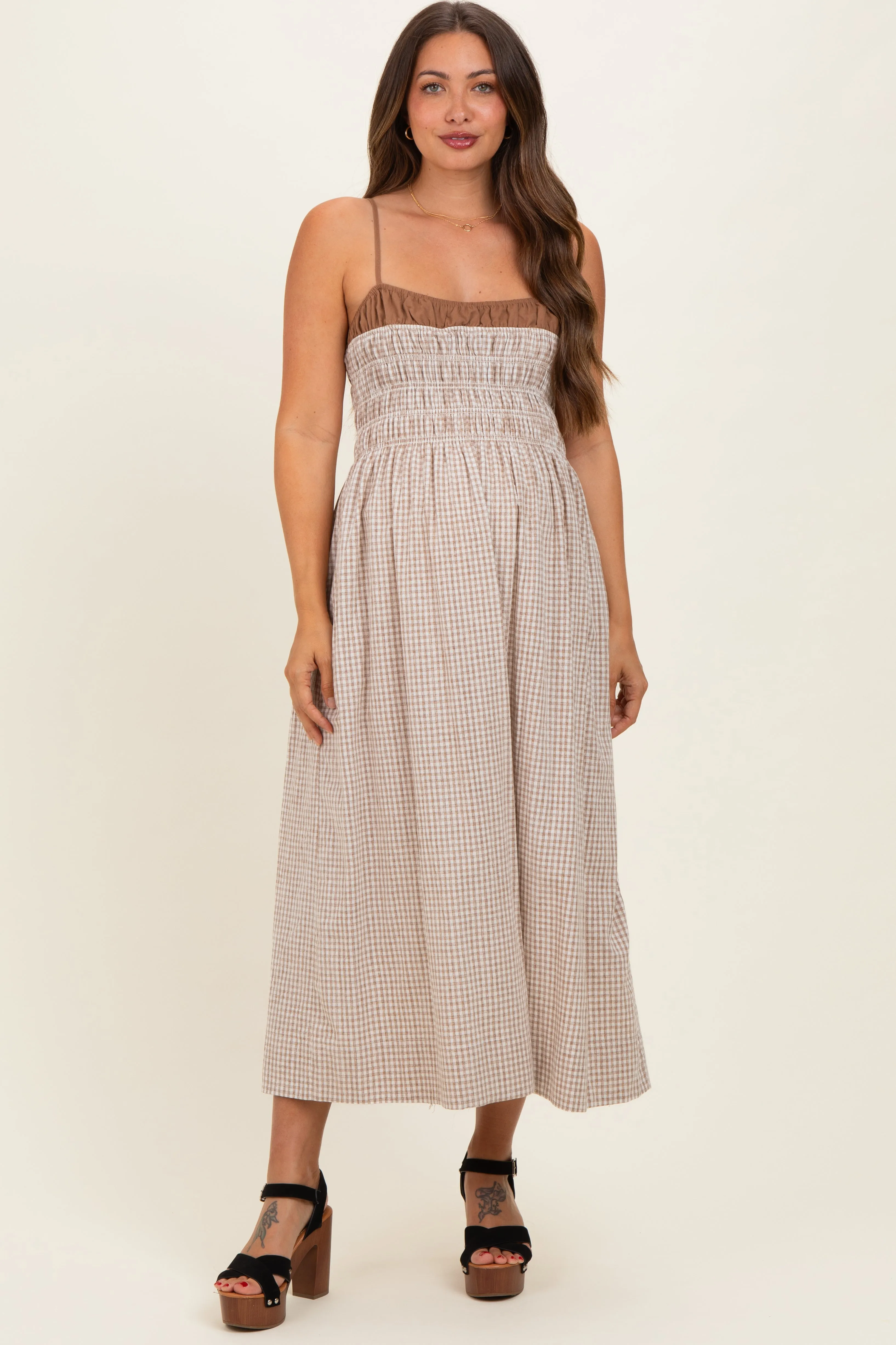 Mocha Gingham Maternity Maxi Dress sold by Pinkblush