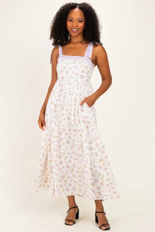 Lavender Floral Striped Shoulder Tie Maxi Dress made by Hem & Thread
