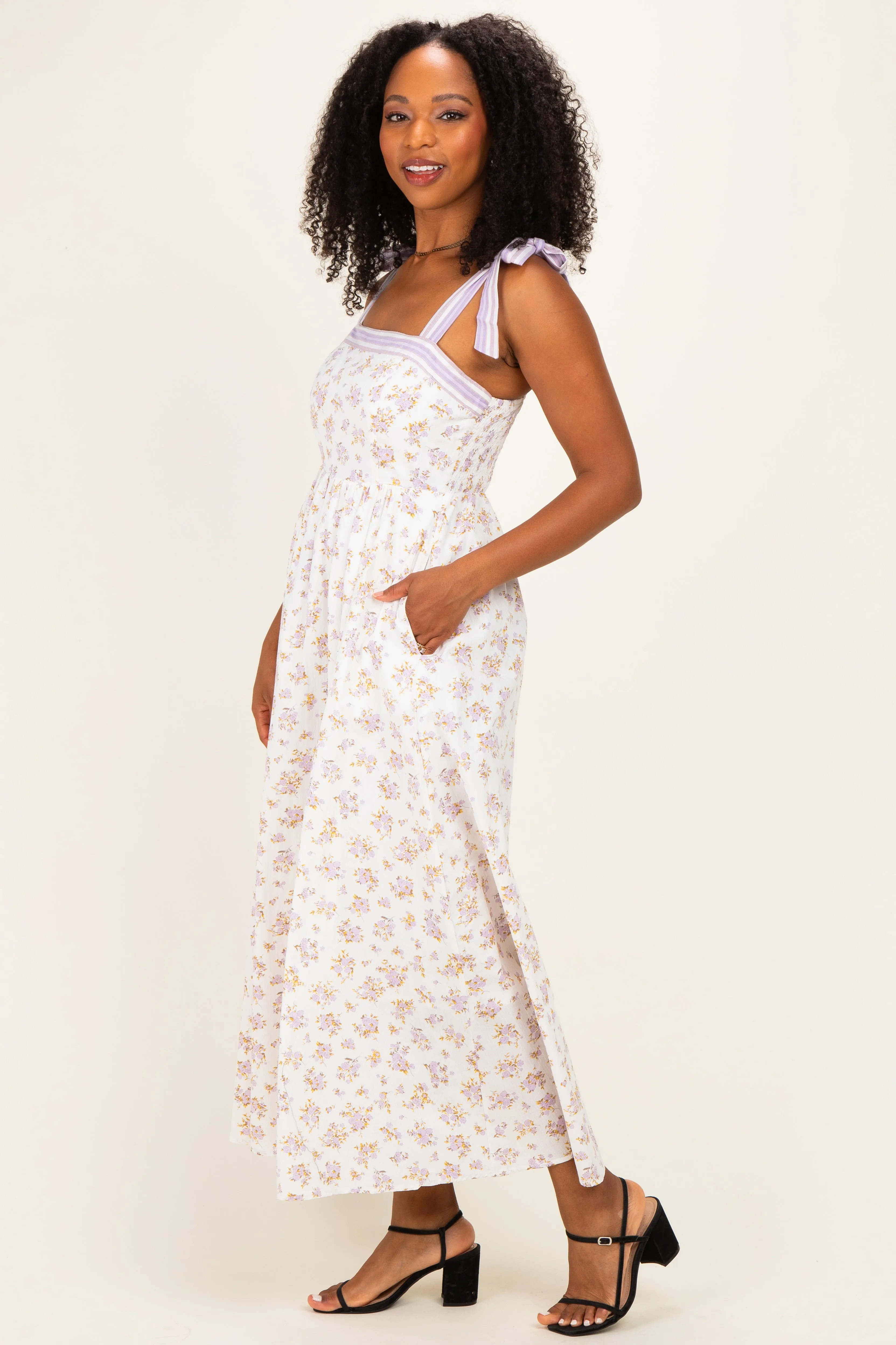 Lavender Floral Striped Shoulder Tie Maxi Dress sold by Pinkblush product image thumbnail 2