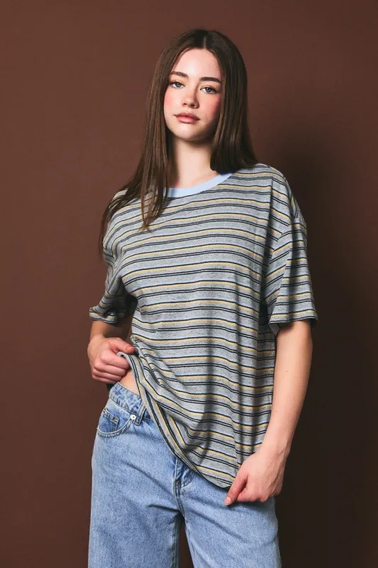 Heather Grey Multi Striped Oversized Short Sleeve Tee made by Le Lis