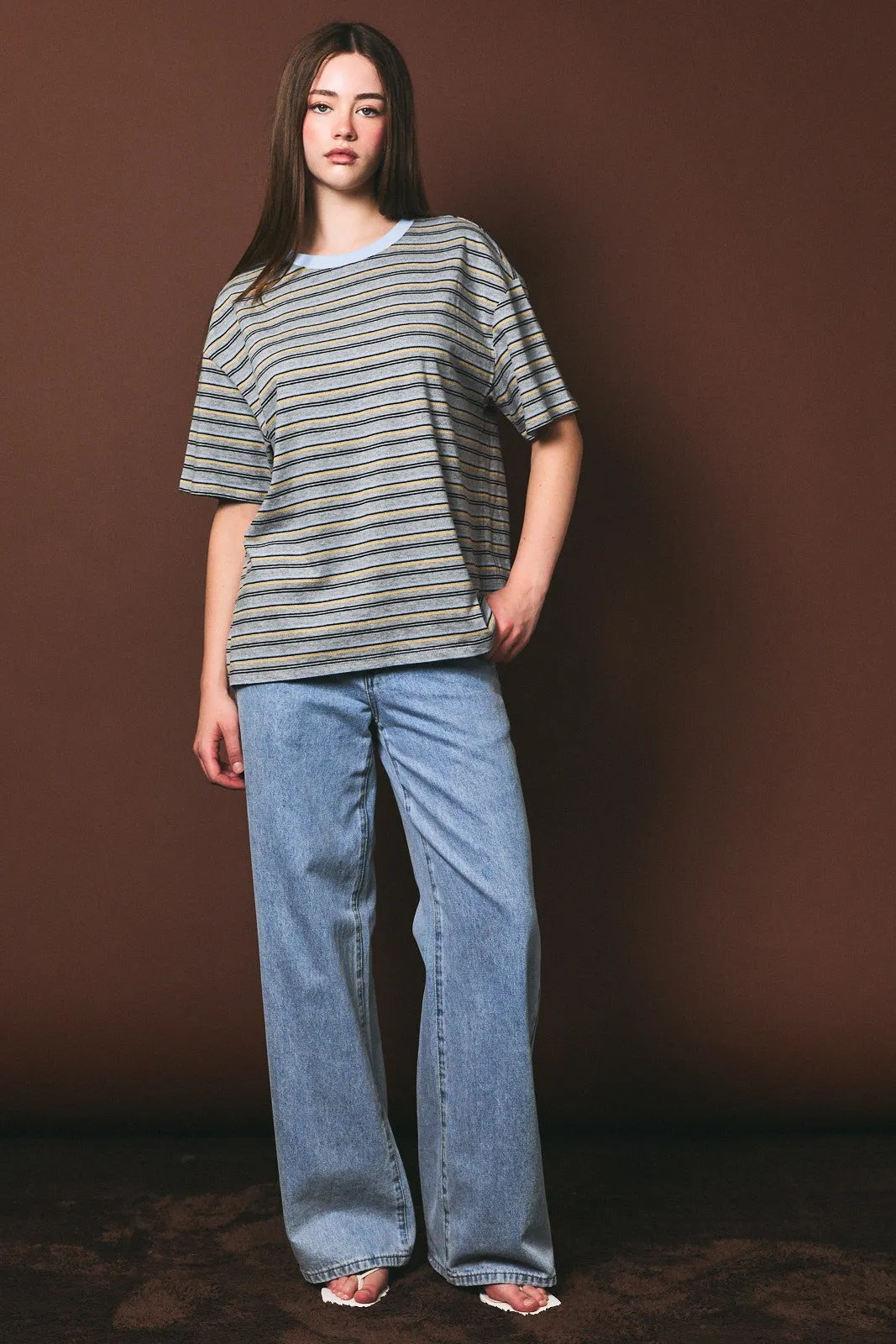 Heather Grey Multi Striped Oversized Short Sleeve Tee sold by Pinkblush product image thumbnail 5
