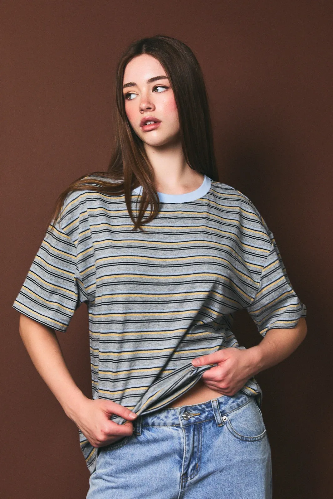 Heather Grey Multi Striped Oversized Short Sleeve Tee sold by Pinkblush product image thumbnail 2