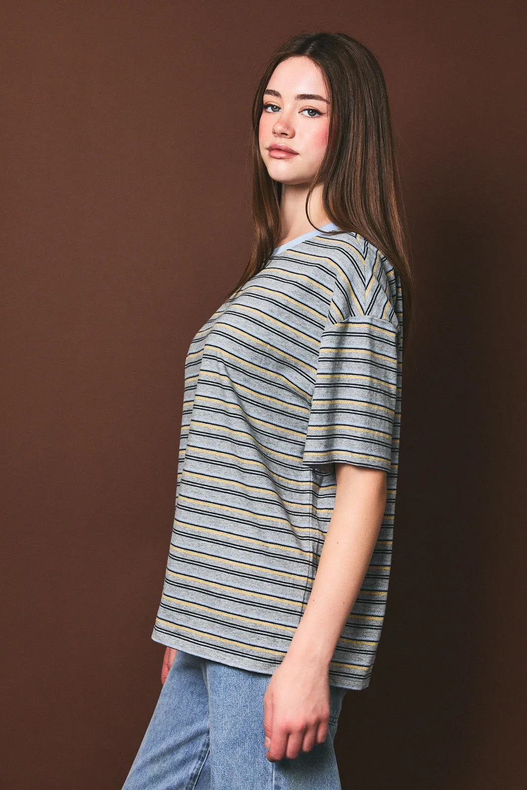 Heather Grey Multi Striped Oversized Short Sleeve Tee sold by Pinkblush product image thumbnail 3
