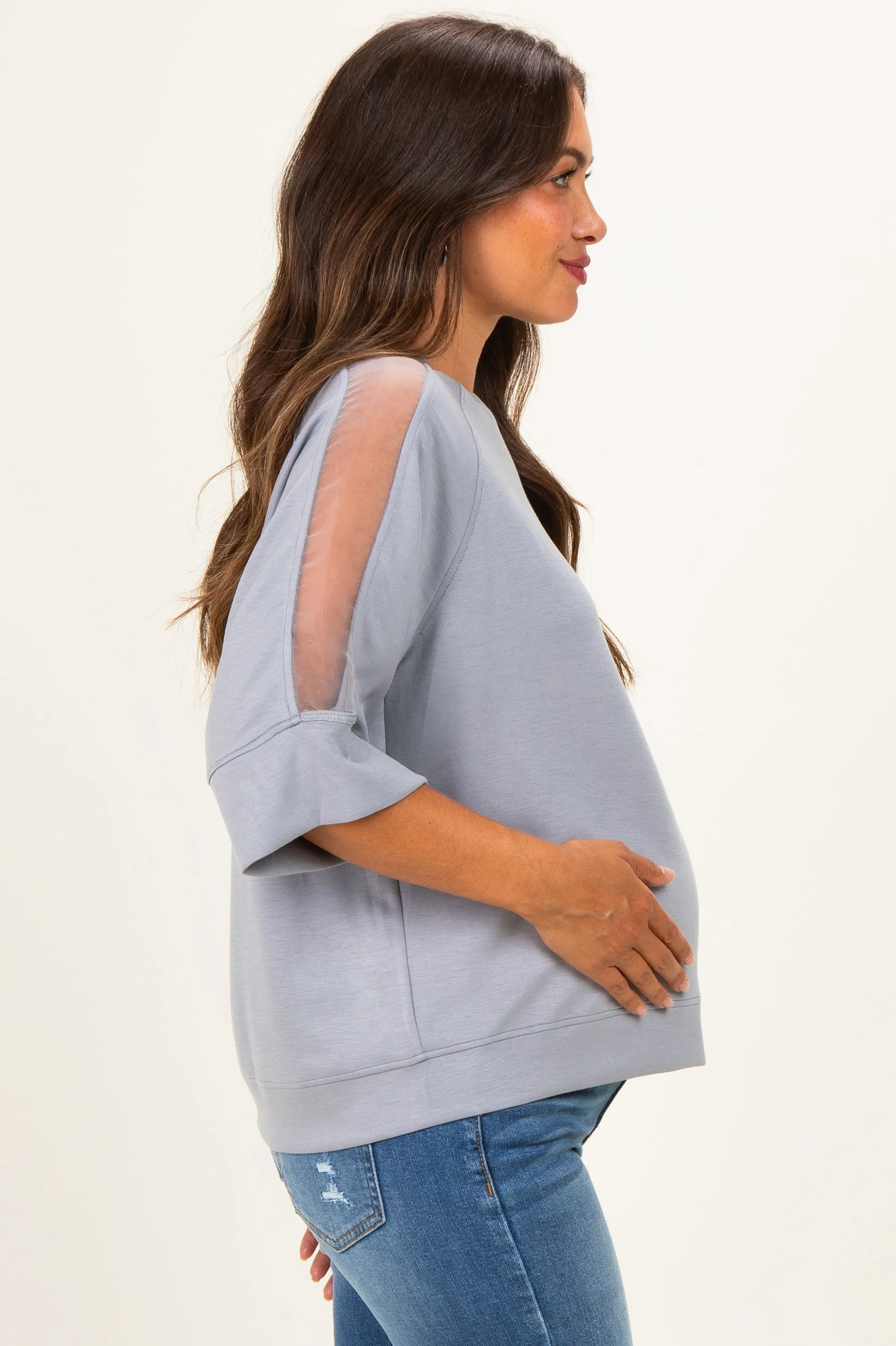 Grey Mesh Shoulder Short Sleeve Maternity Top sold by Pinkblush product image thumbnail 3
