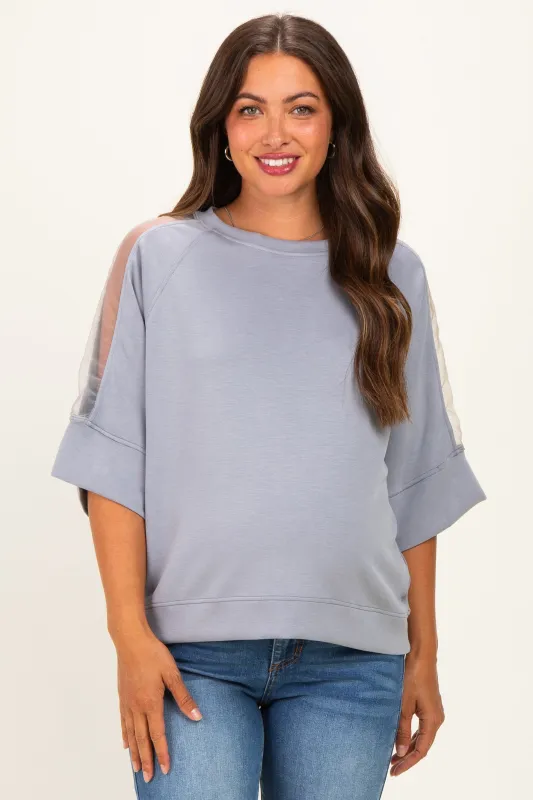 Grey Mesh Shoulder Short Sleeve Maternity Top made by Umgee
