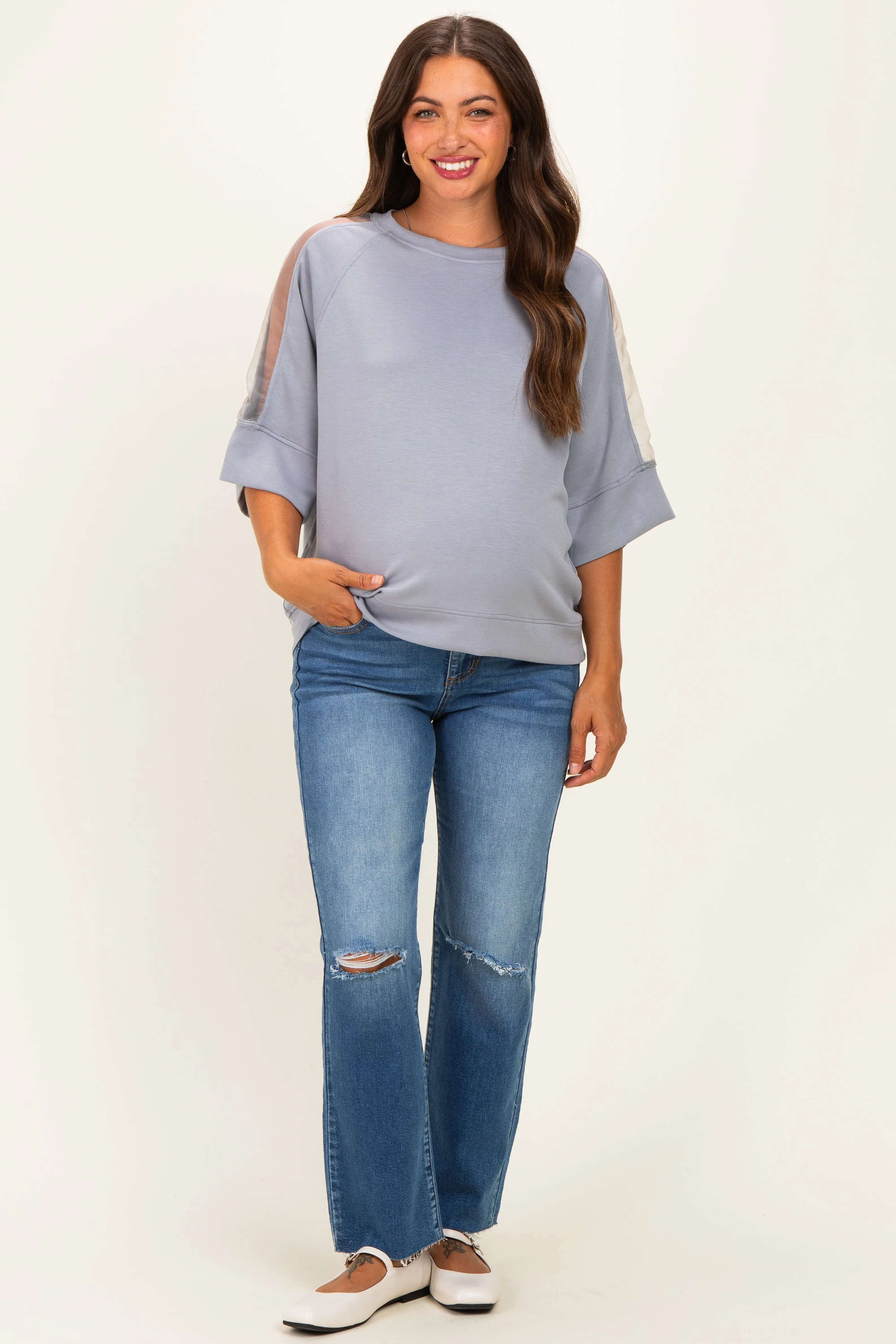 Grey Mesh Shoulder Short Sleeve Maternity Top sold by Pinkblush product image thumbnail 2