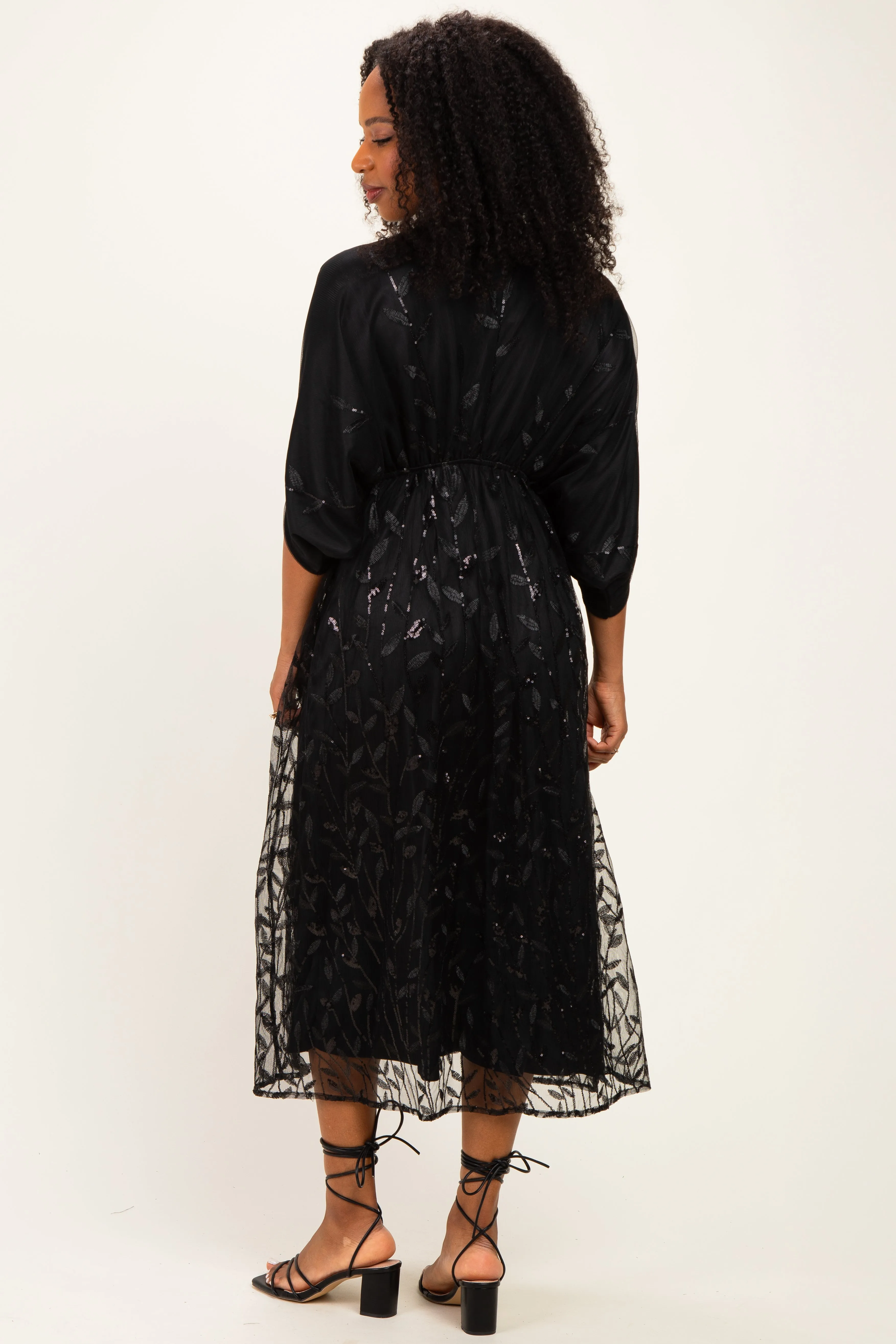 Black Embroidered Tulle Dolman V-Neck Midi Dress sold by Pinkblush product image thumbnail 3