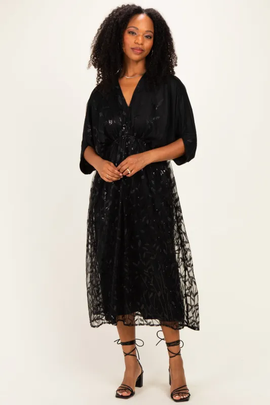 Black Embroidered Tulle Dolman V-Neck Midi Dress made by Pinkblush
