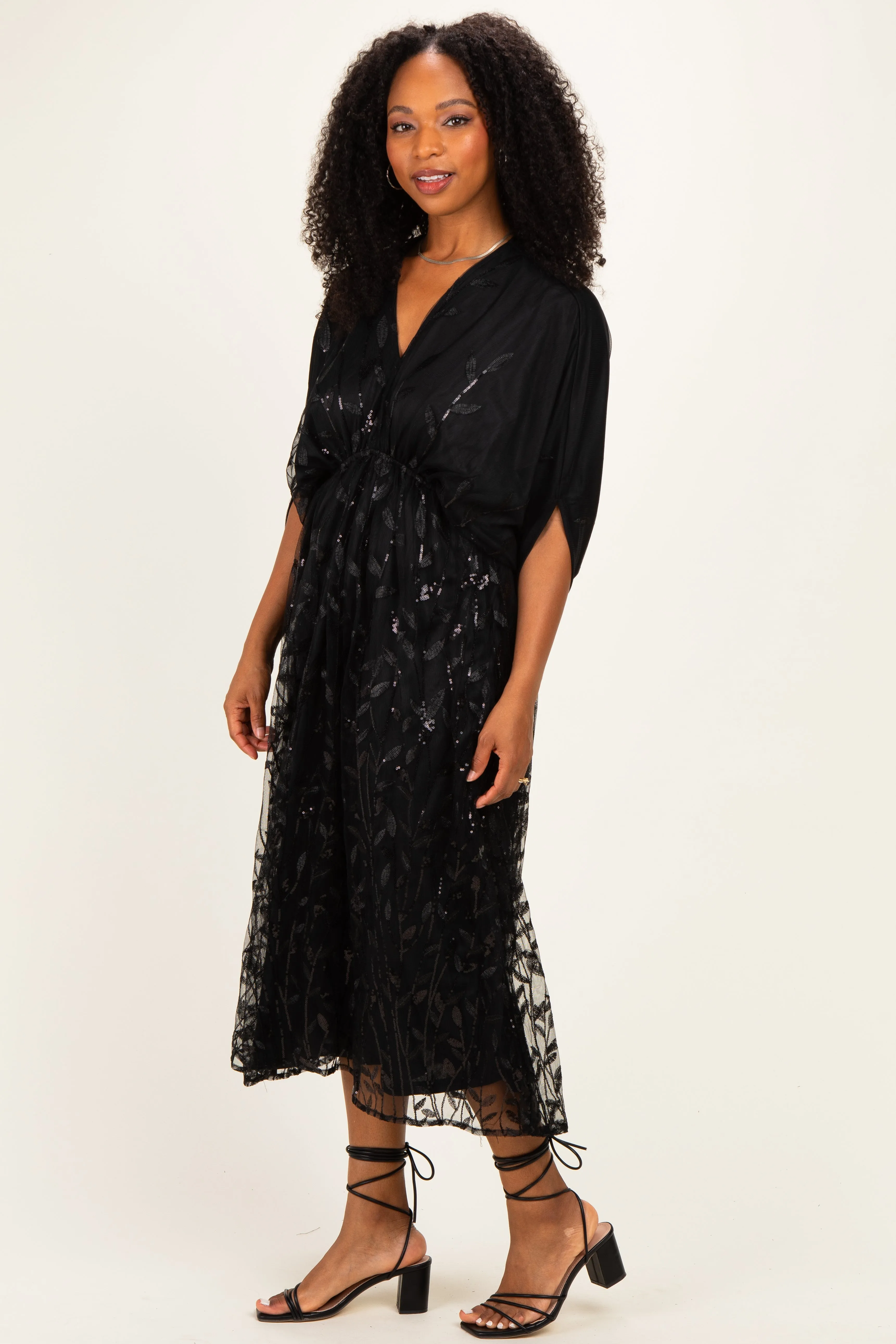 Black Embroidered Tulle Dolman V-Neck Midi Dress sold by Pinkblush product image thumbnail 2