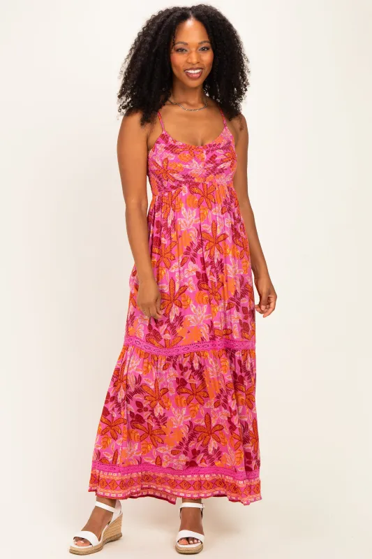 Fuchsia Floral Lace Trim Maxi Dress made by Angie