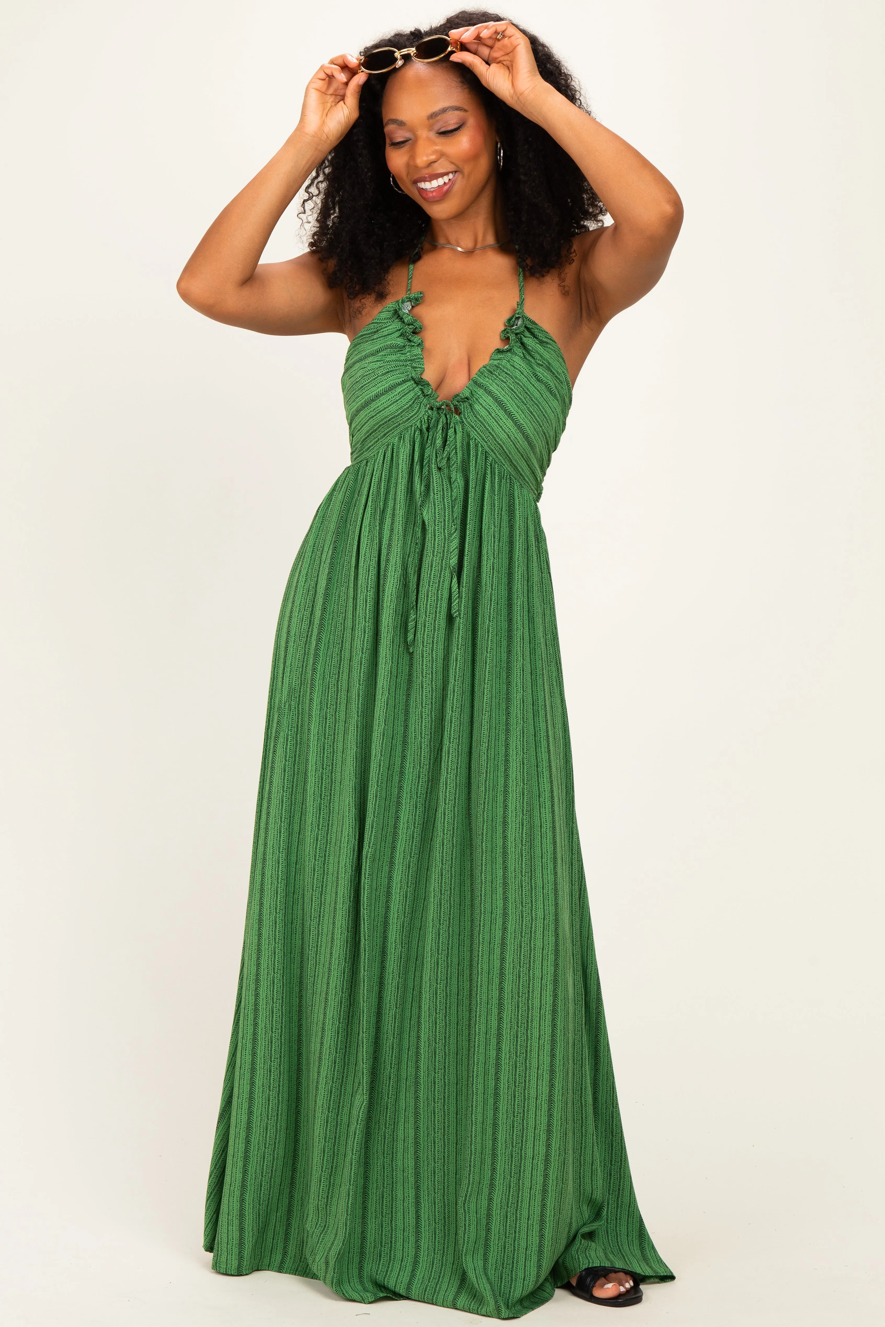 Olive Printed V Neck Maxi Dress sold by Pinkblush