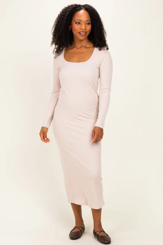 Beige Scoop Neck Long Sleeve Midi Dress made by Pinkblush